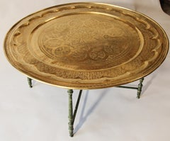 Large Moroccan Brass Tray Table on Folding Stand