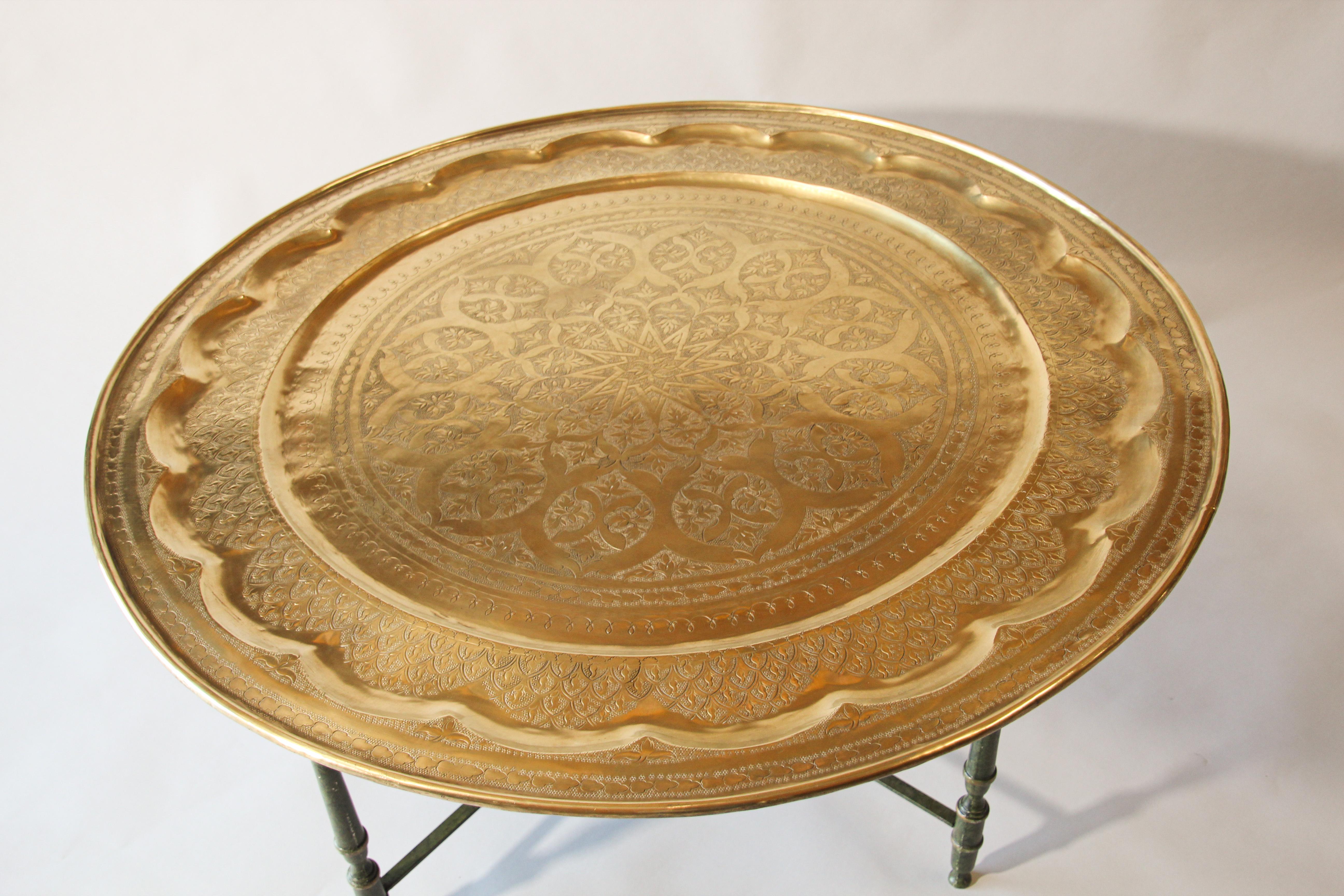 Islamic Large Moroccan Brass Tray Table on Folding Stand