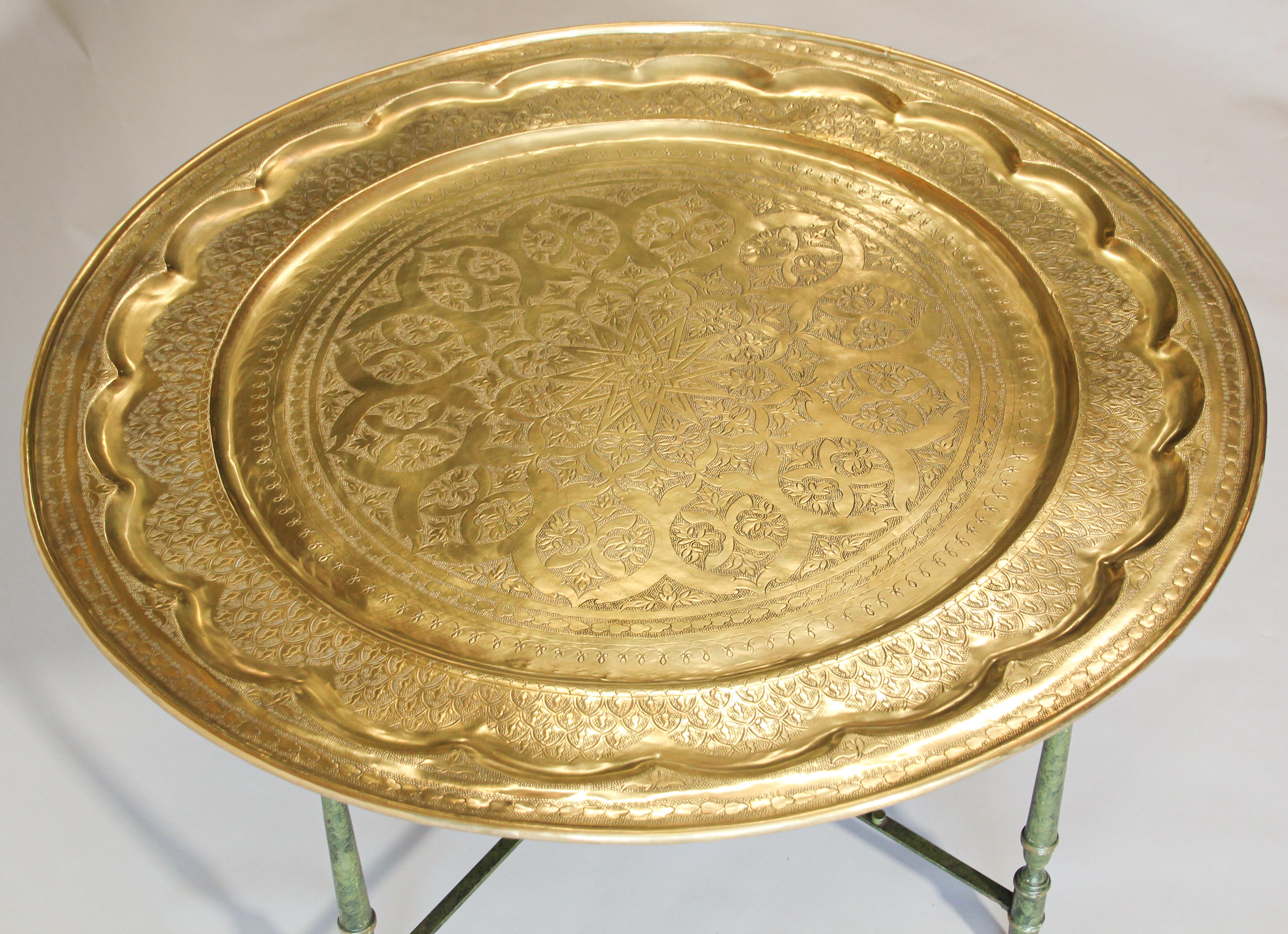 Indian Large Moroccan Brass Tray Table on Folding Stand