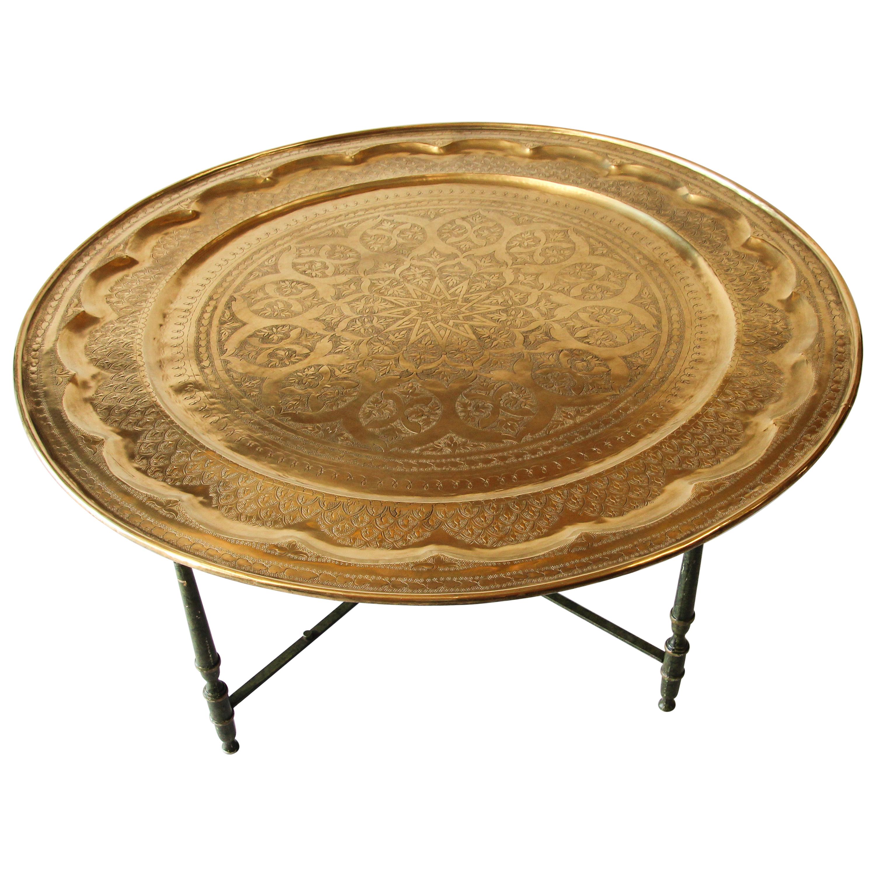 Large Moroccan Brass Tray Table on Folding Stand