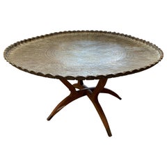 Large Moroccan Brass Tray Table with Folding Spider Leg Stand