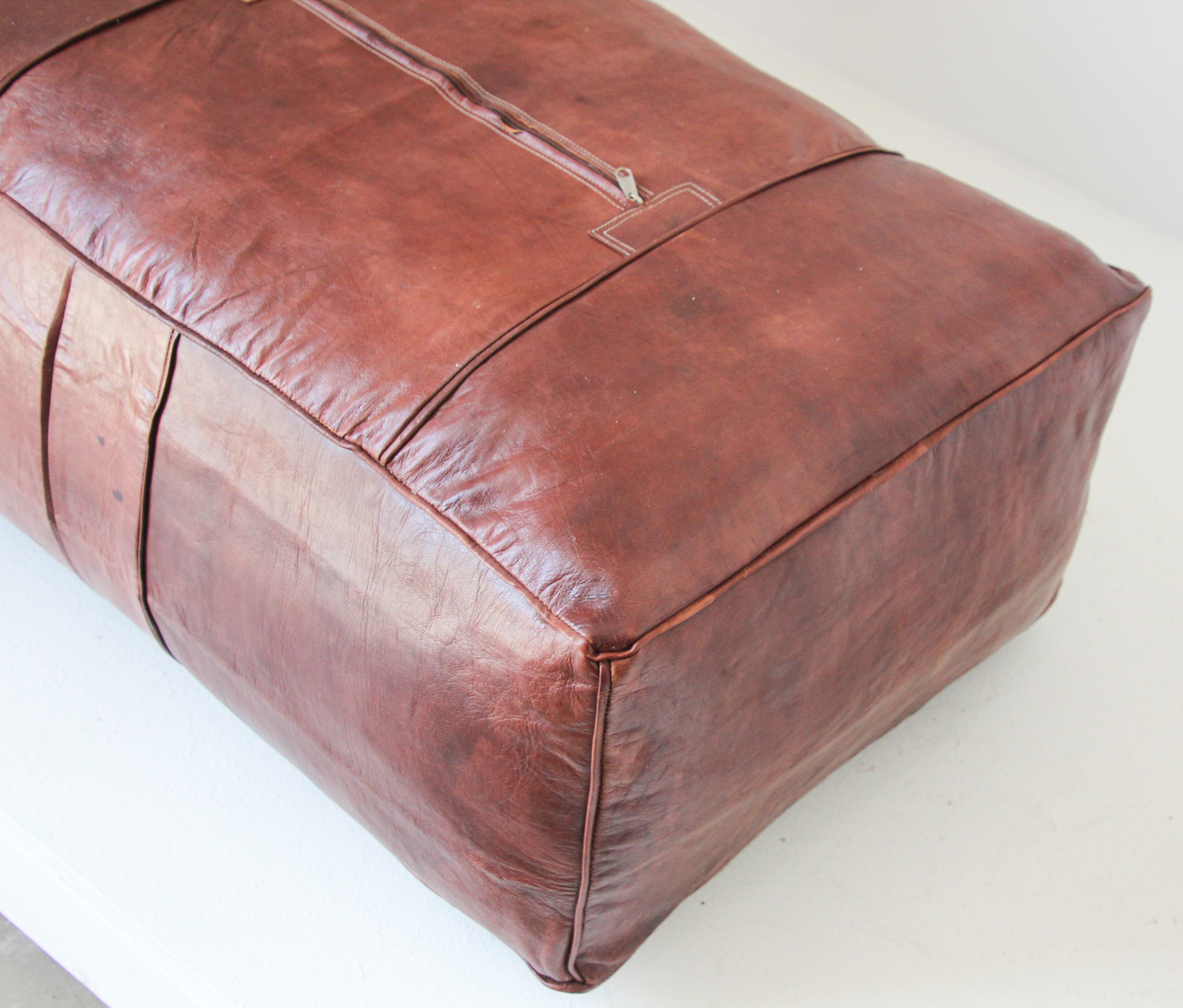 Large Moroccan Brown Leather Rectangular Pouf Ottoman 1