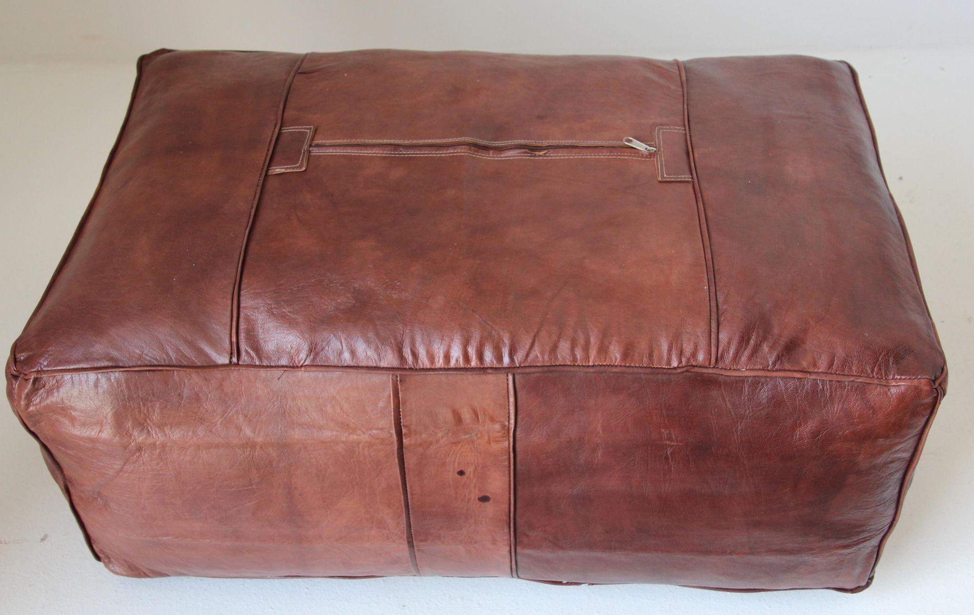 Large Moroccan Brown Leather Rectangular Pouf Ottoman For Sale 1
