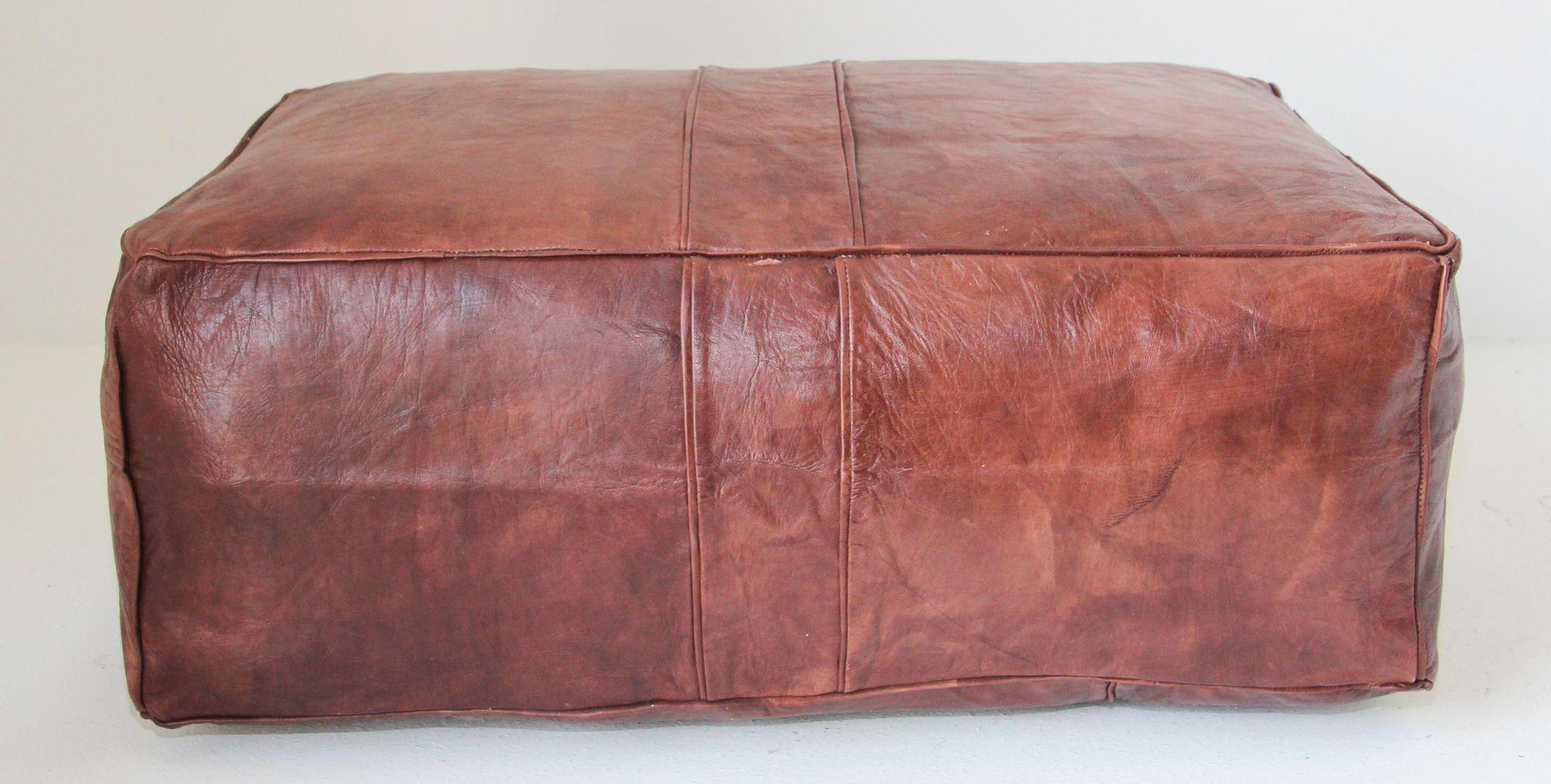 Moorish Large Moroccan Brown Leather Rectangular Pouf Ottoman For Sale