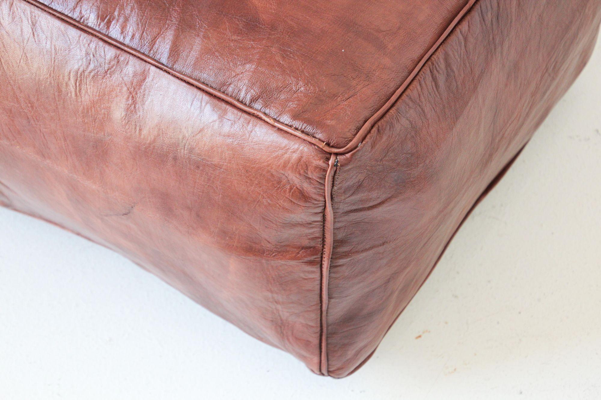 Large Moroccan Brown Leather Rectangular Pouf Ottoman In Good Condition For Sale In North Hollywood, CA