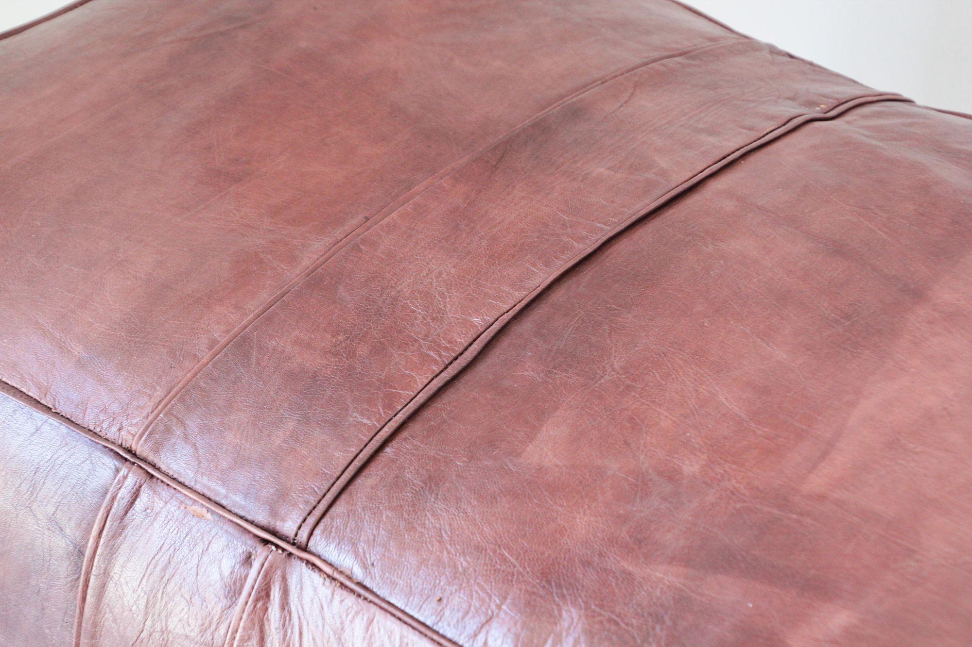 20th Century Large Moroccan Brown Leather Rectangular Pouf Ottoman For Sale