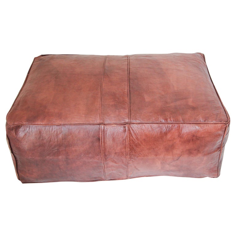 Large Moroccan Brown Leather, Large Square Leather Ottoman Pouf
