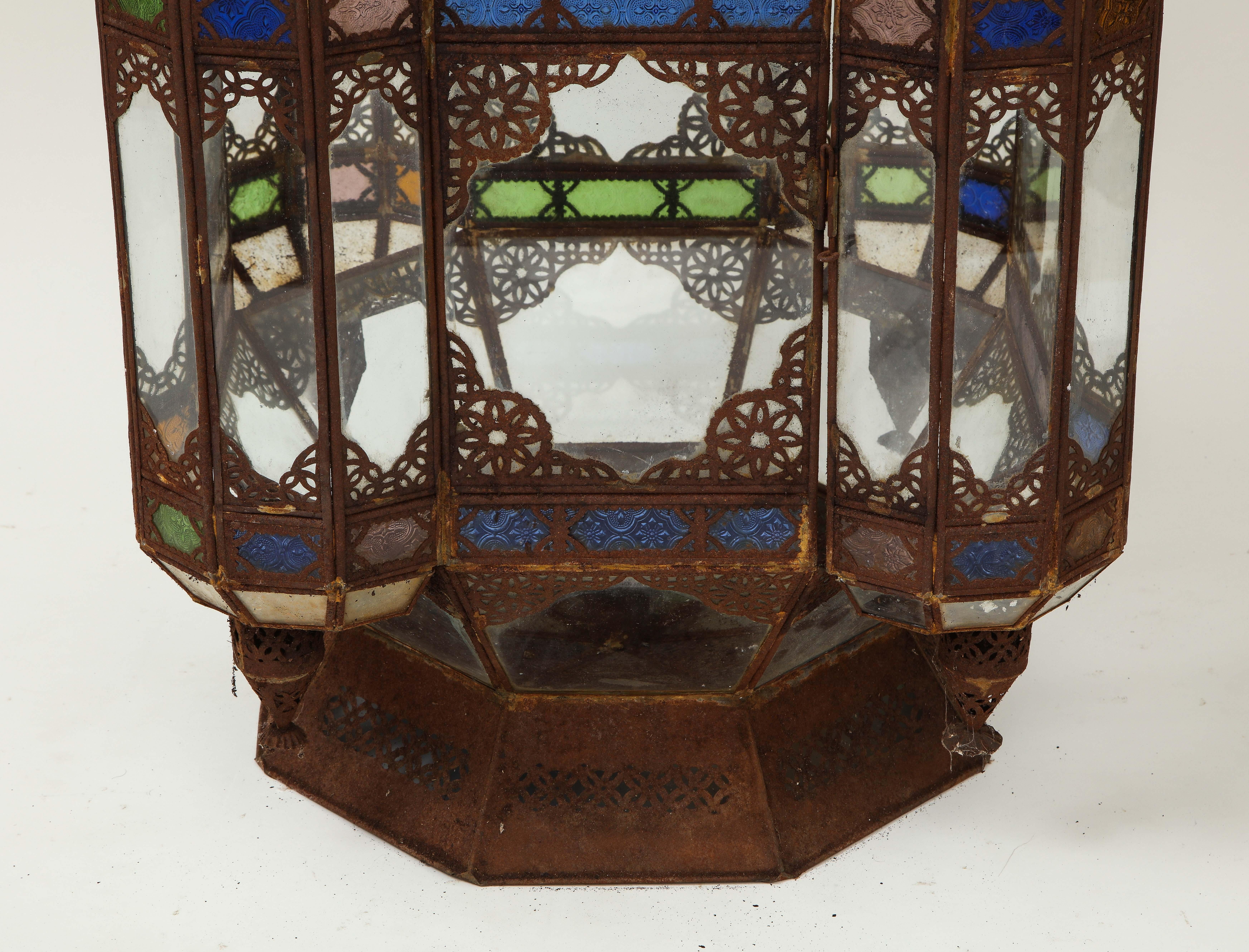 Large Moroccan Colored Glass and Metal Lantern In Good Condition In New York, NY