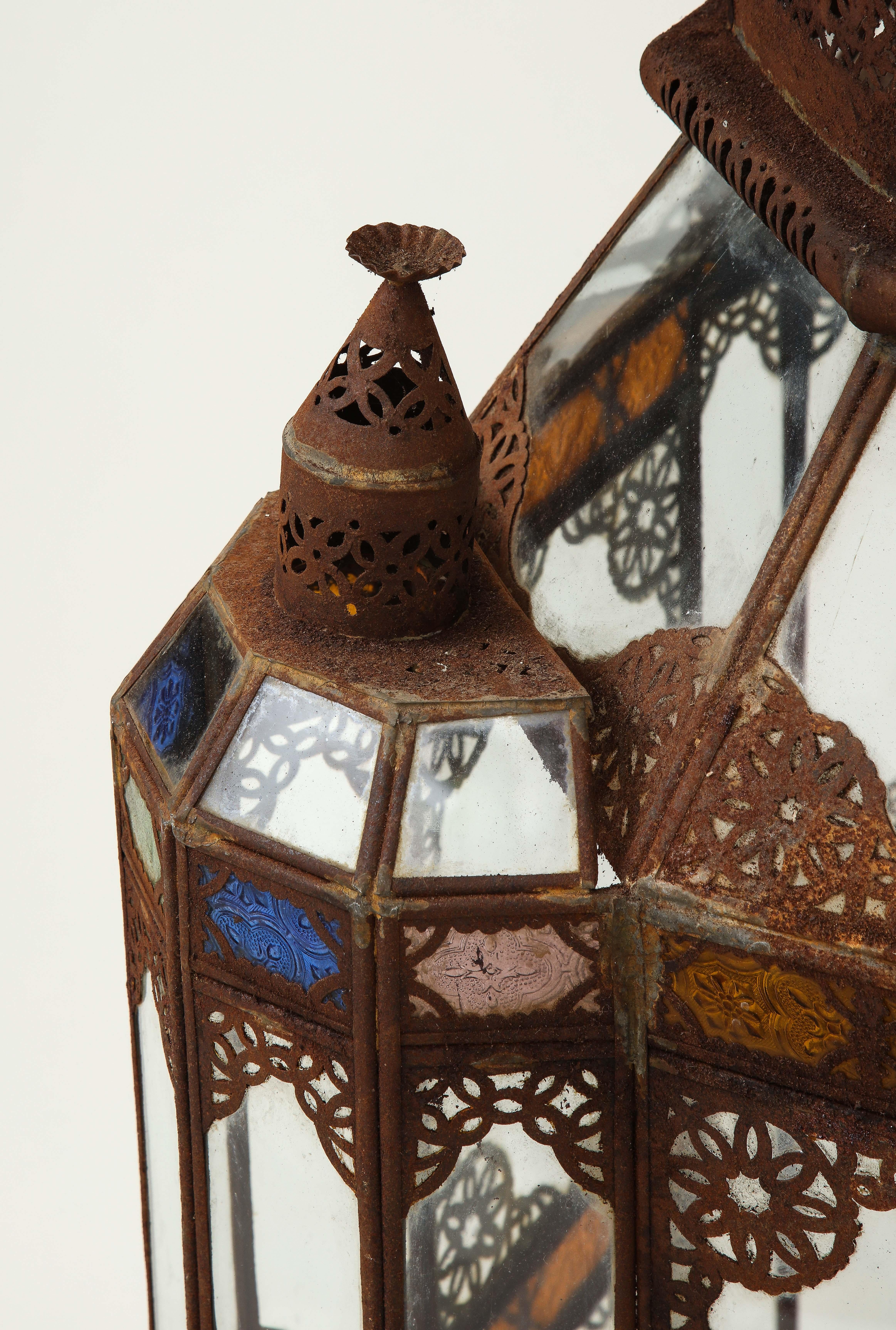 Mid-20th Century Large Moroccan Colored Glass and Metal Lantern