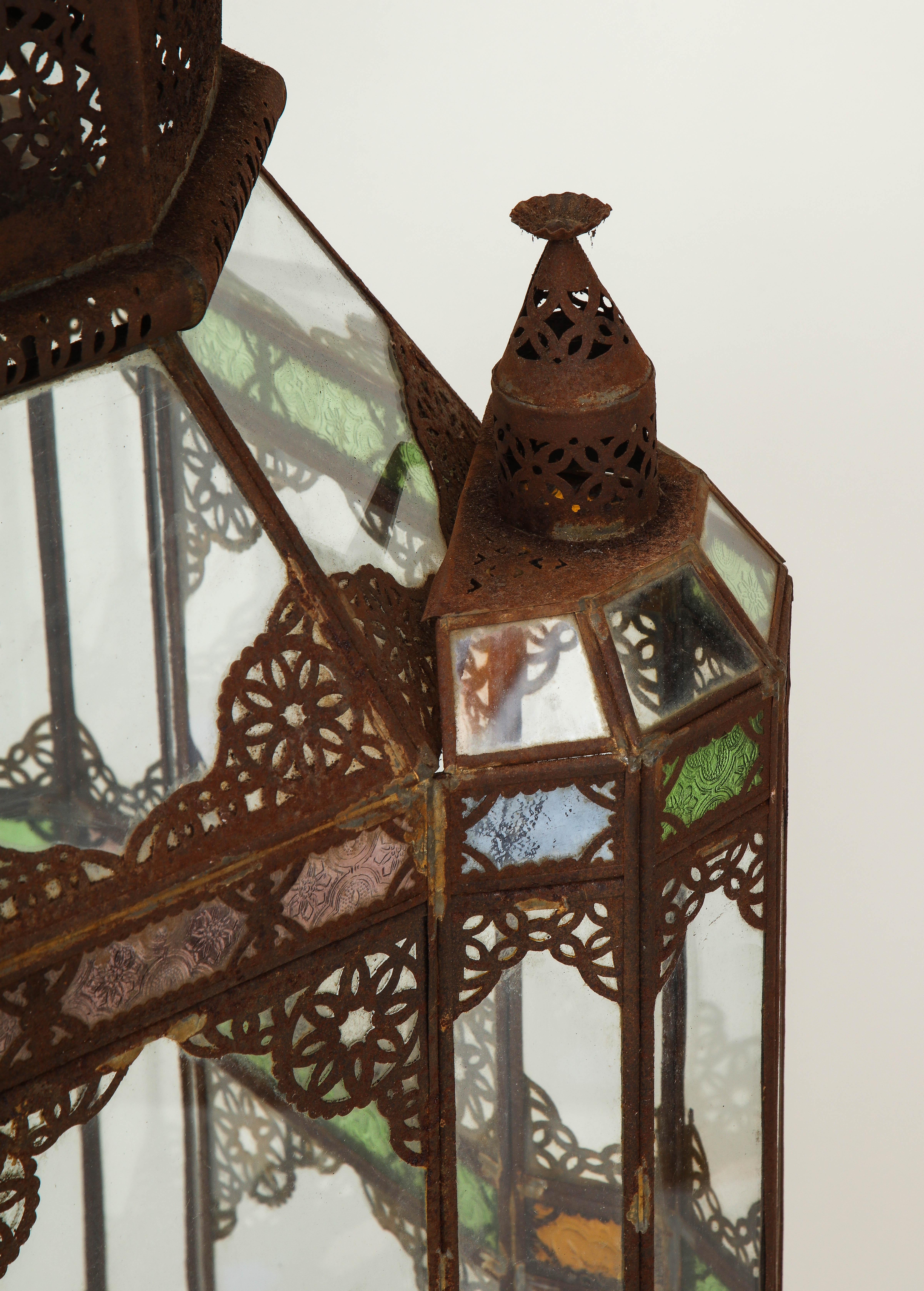 Large Moroccan Colored Glass and Metal Lantern 1