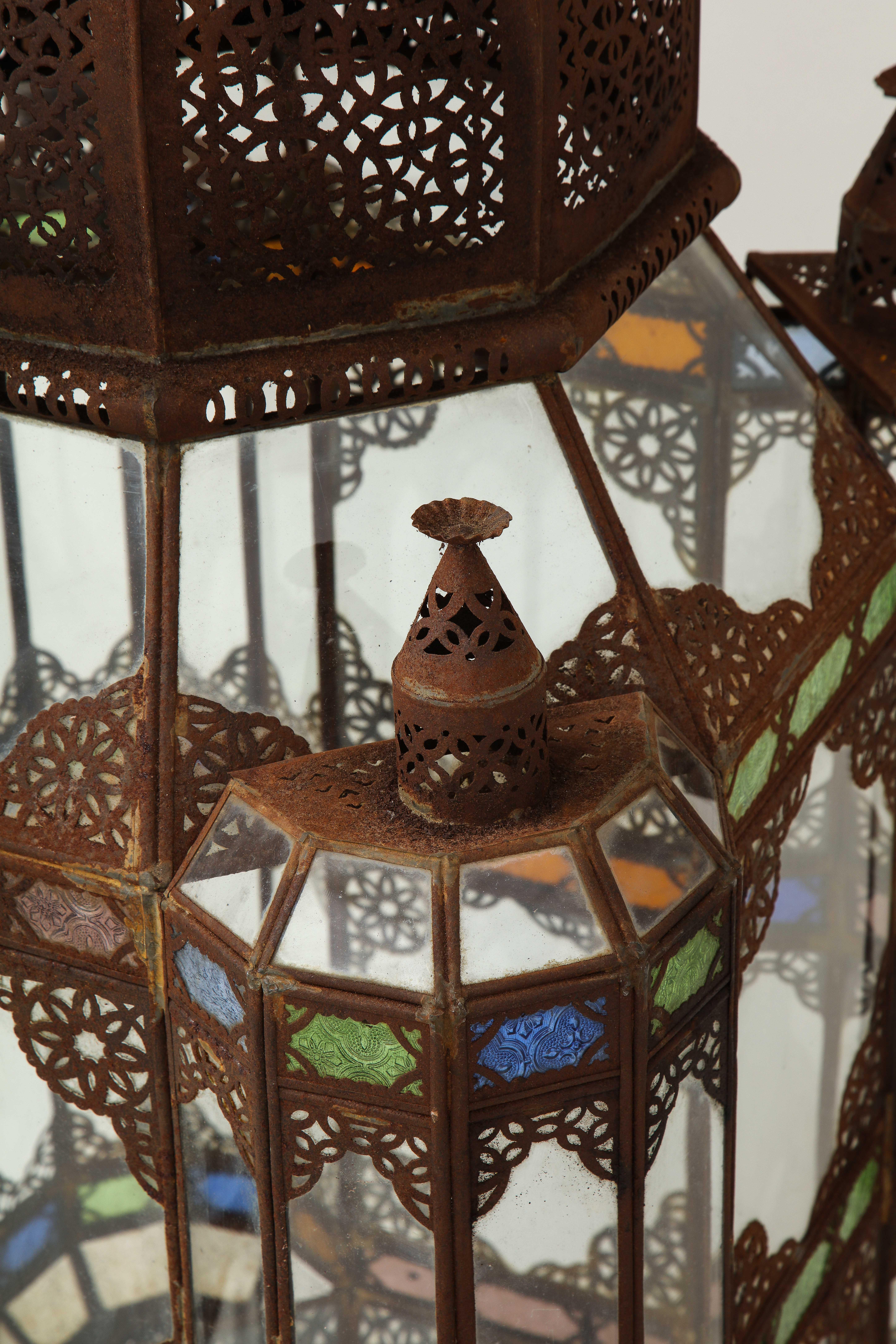 Large Moroccan Colored Glass and Metal Lantern 2