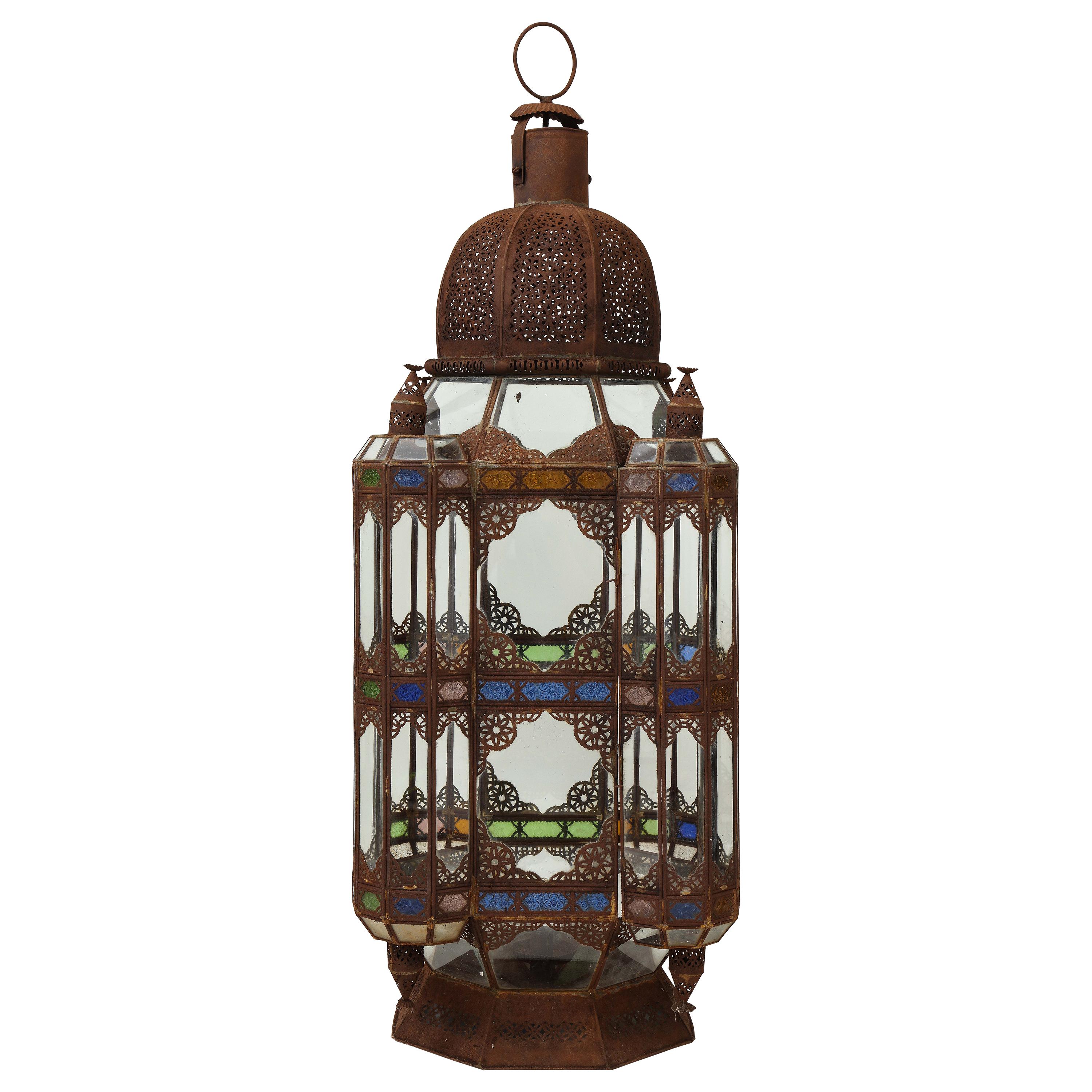 Large Moroccan Colored Glass and Metal Lantern