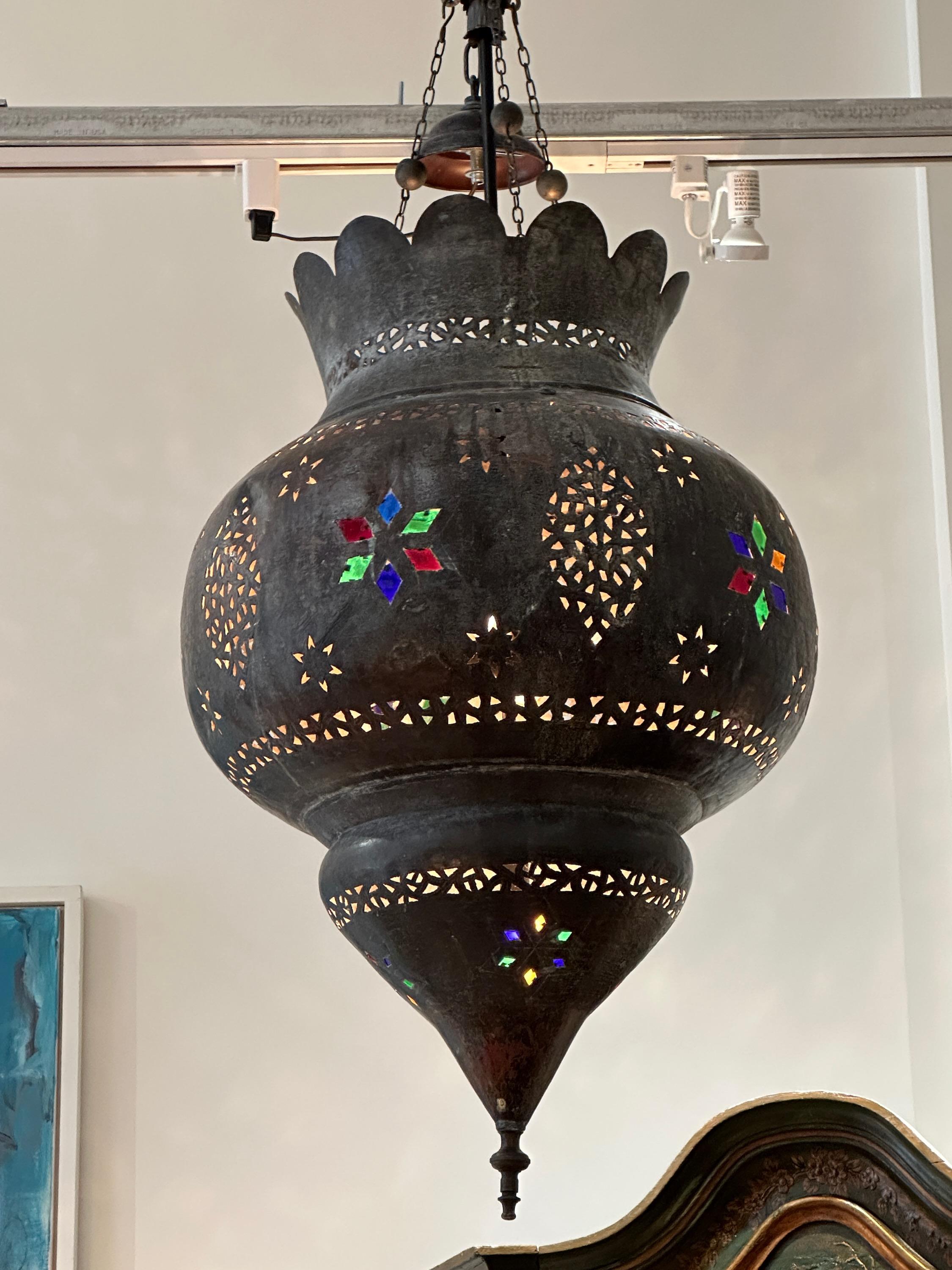 Large Moroccan Copper Lantern In Good Condition For Sale In Kilmarnock, VA