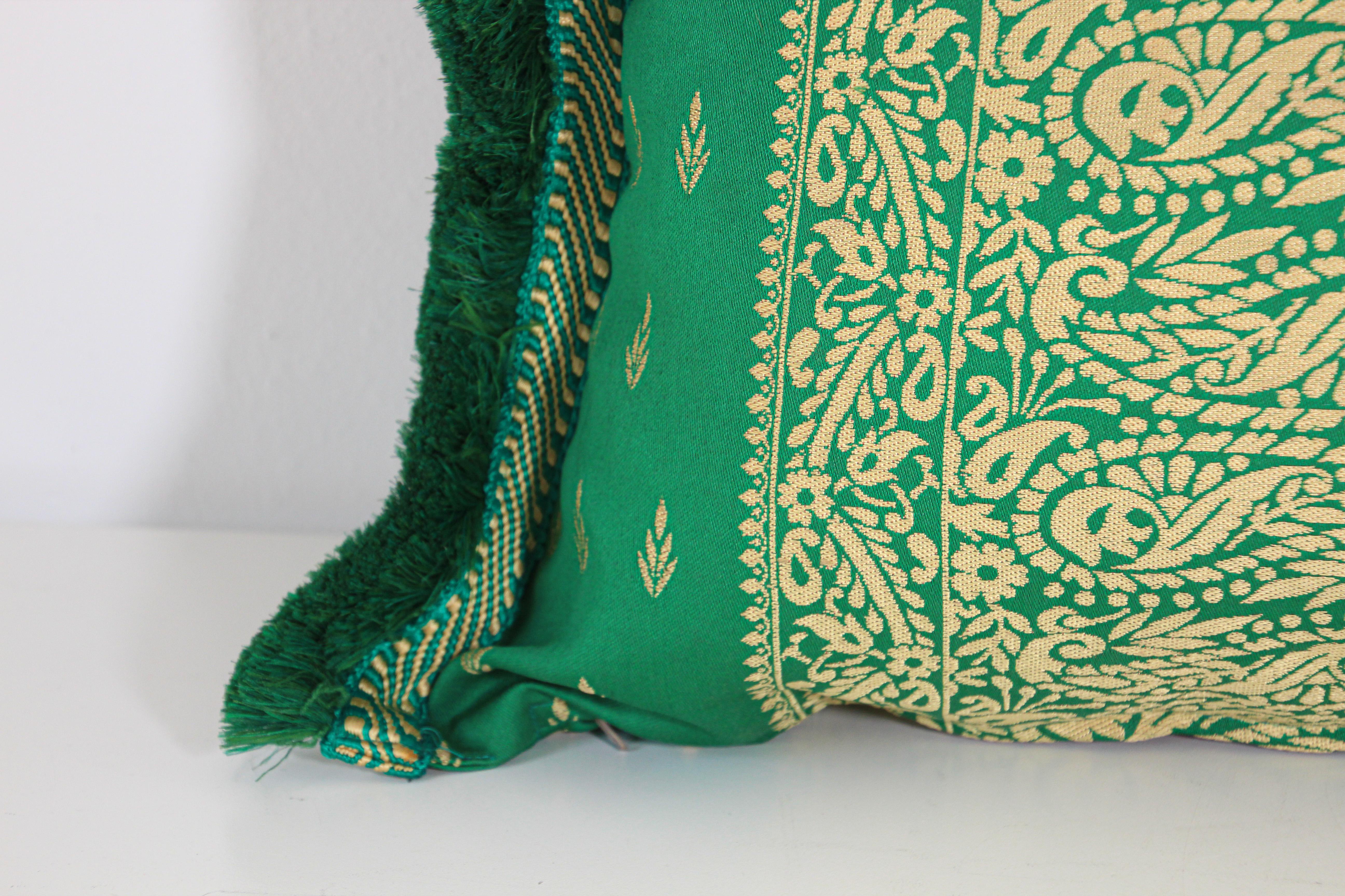 Large Moroccan Damask Green Bolster Lumbar Decorative Pillow For Sale 6
