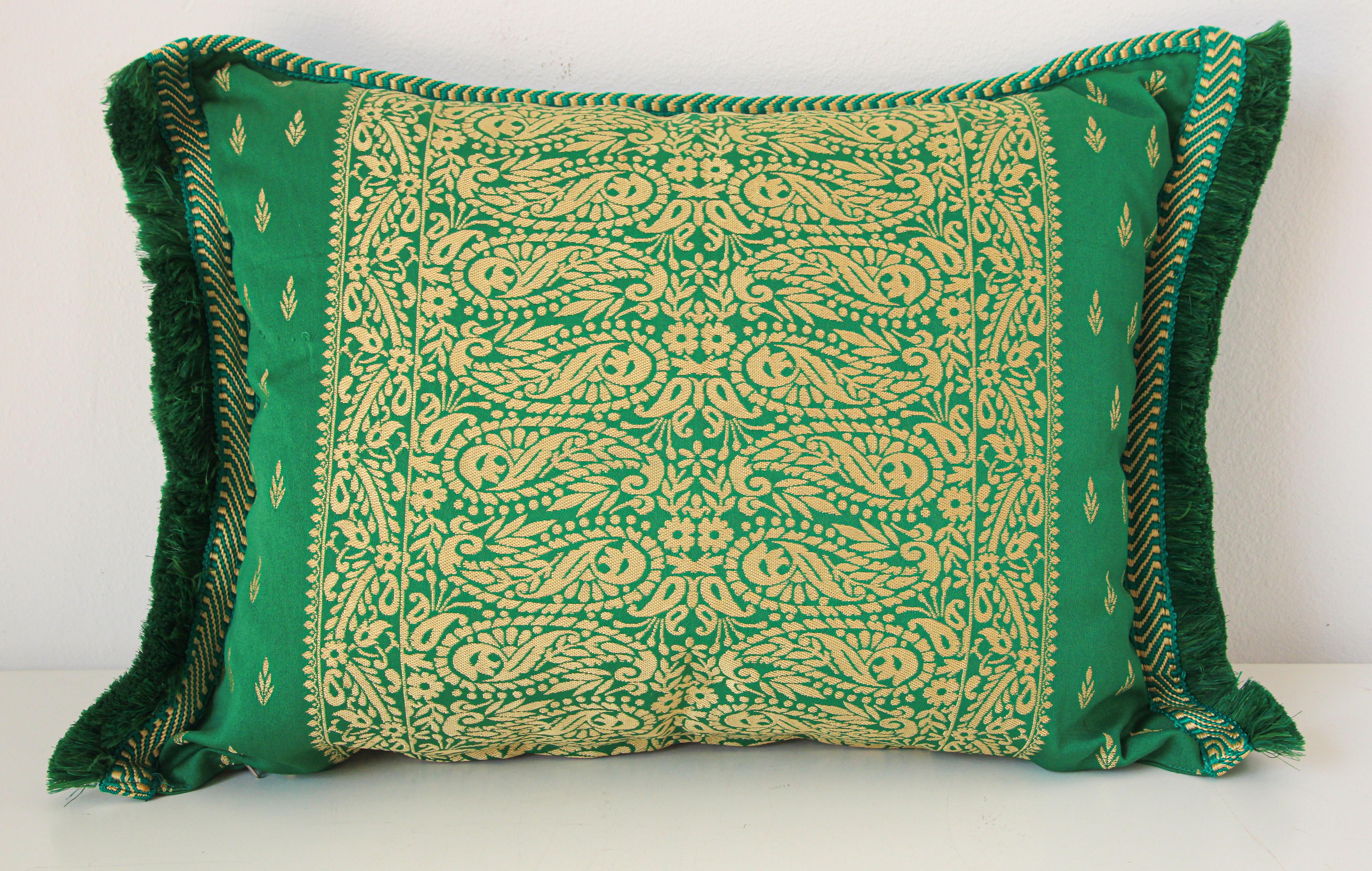 Large Moroccan damask green floral bolster lumbar decorative pillow.
Great to use as accent pillows on a bed or sofa throw pillows.
Pillow has a beautiful center medallion, detailed corners, fringe edges trim.
Bohemian Moorish Venetian stylish