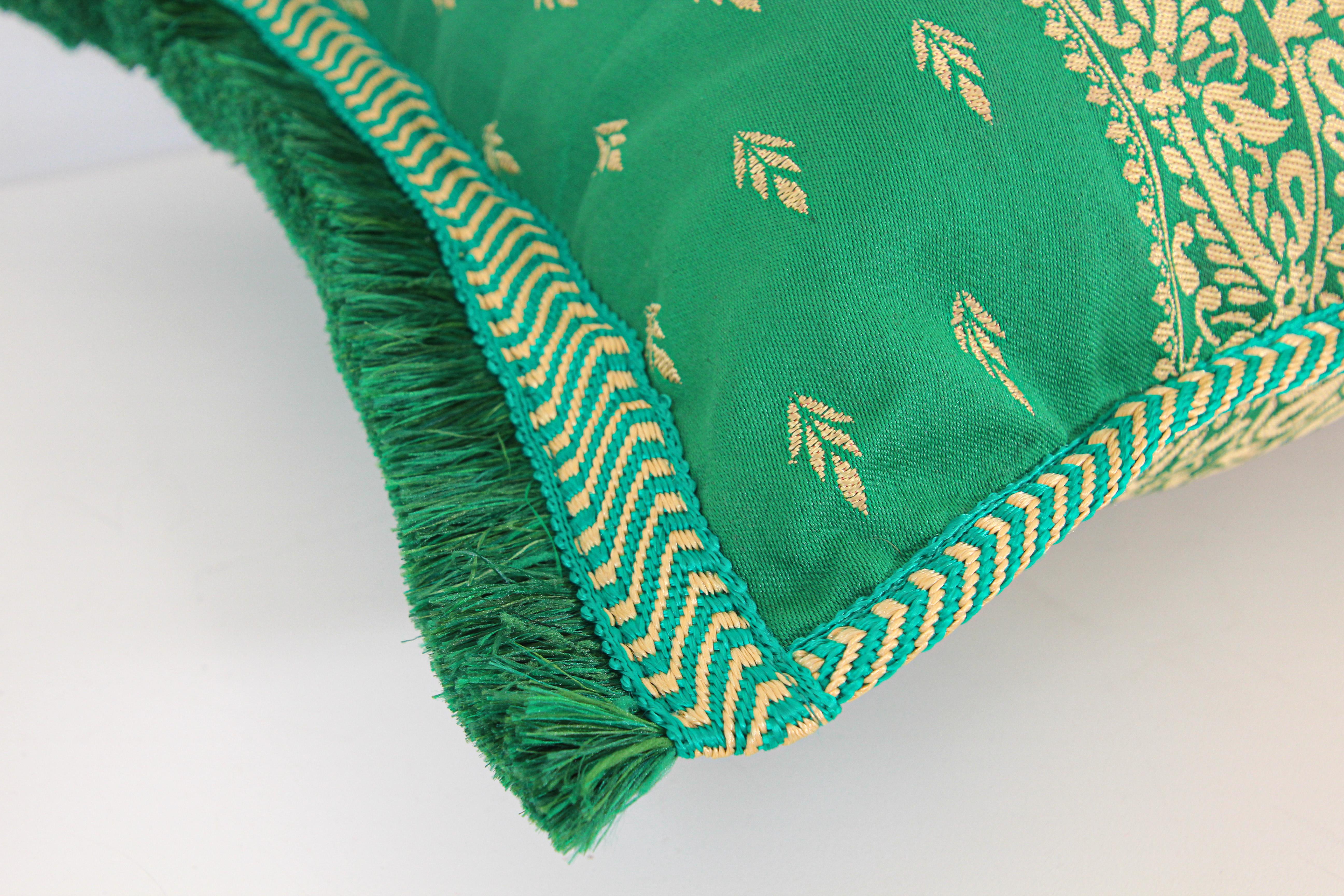 Hand-Crafted Large Moroccan Damask Green Bolster Lumbar Decorative Pillow For Sale