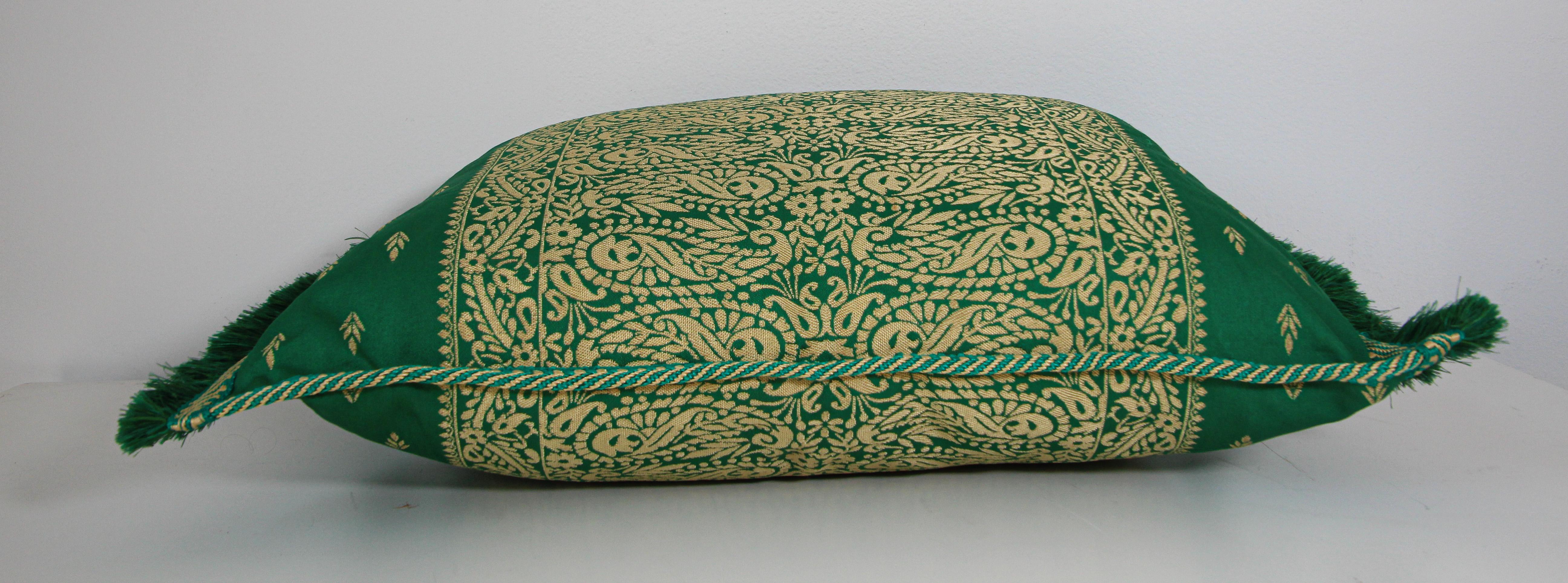 Large Moroccan Damask Green Bolster Lumbar Decorative Pillow In Good Condition For Sale In North Hollywood, CA