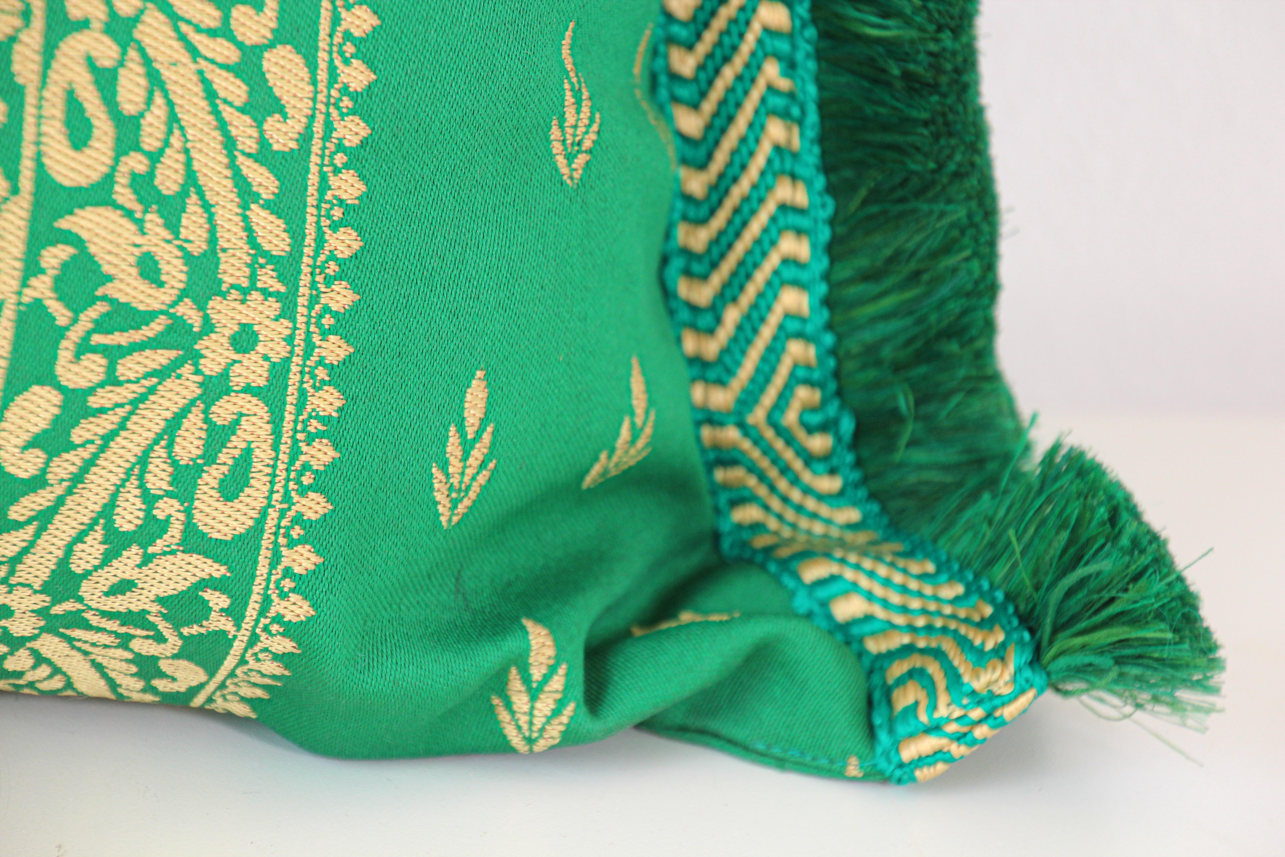 Late 20th Century Large Moroccan Damask Green Bolster Lumbar Decorative Pillow For Sale