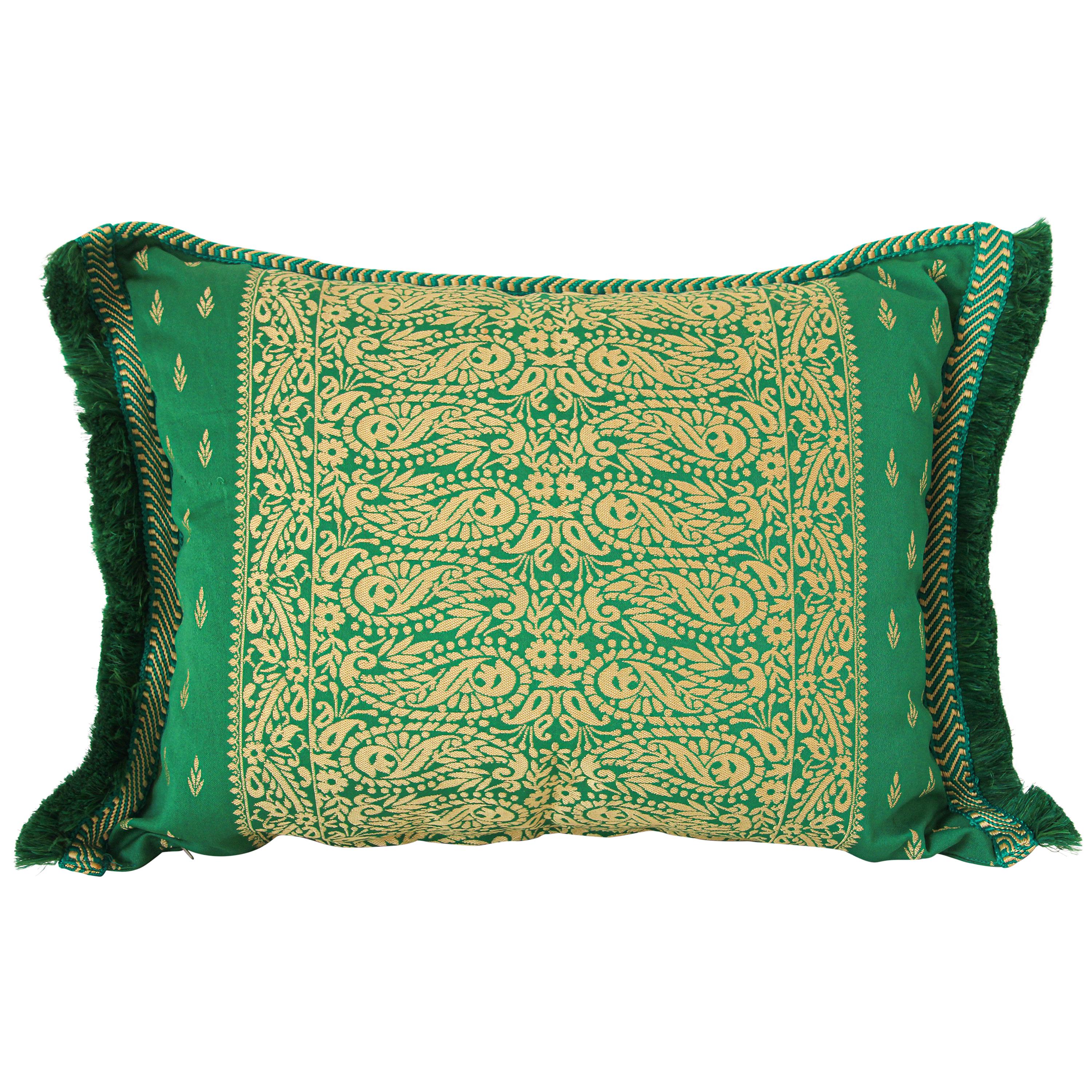 Large Moroccan Damask Green Bolster Lumbar Decorative Pillow For Sale