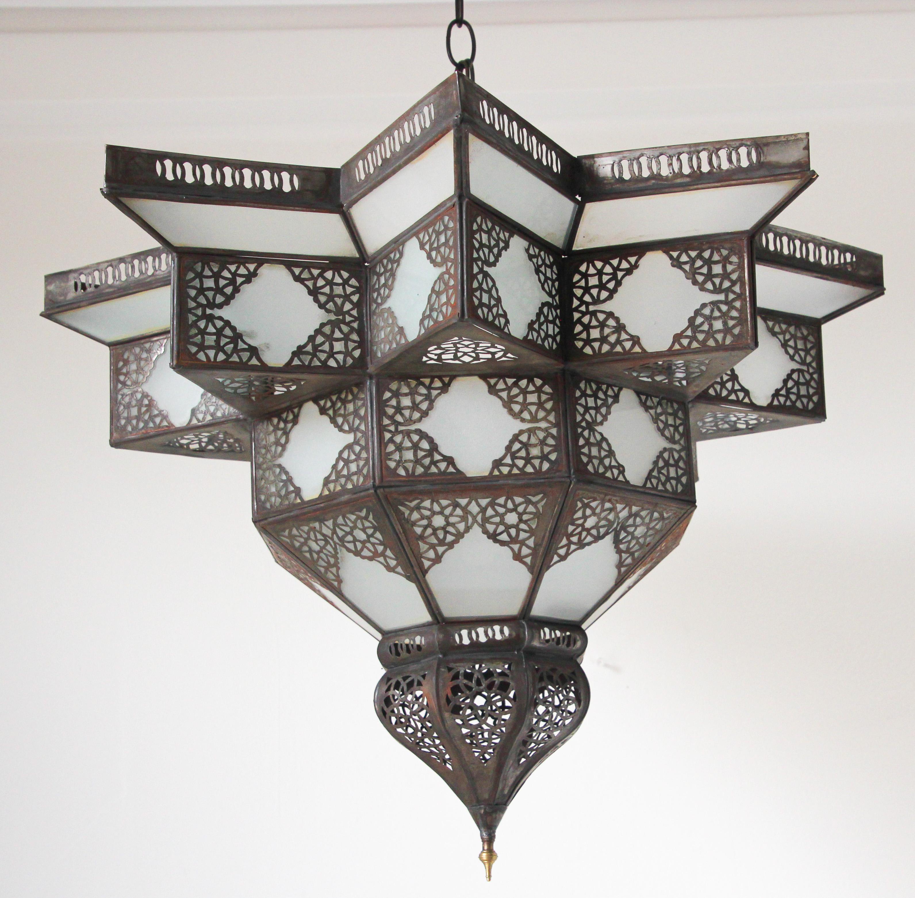 Hand-Crafted Large Moroccan Frosted Star Shape Glass Chandelier Shade