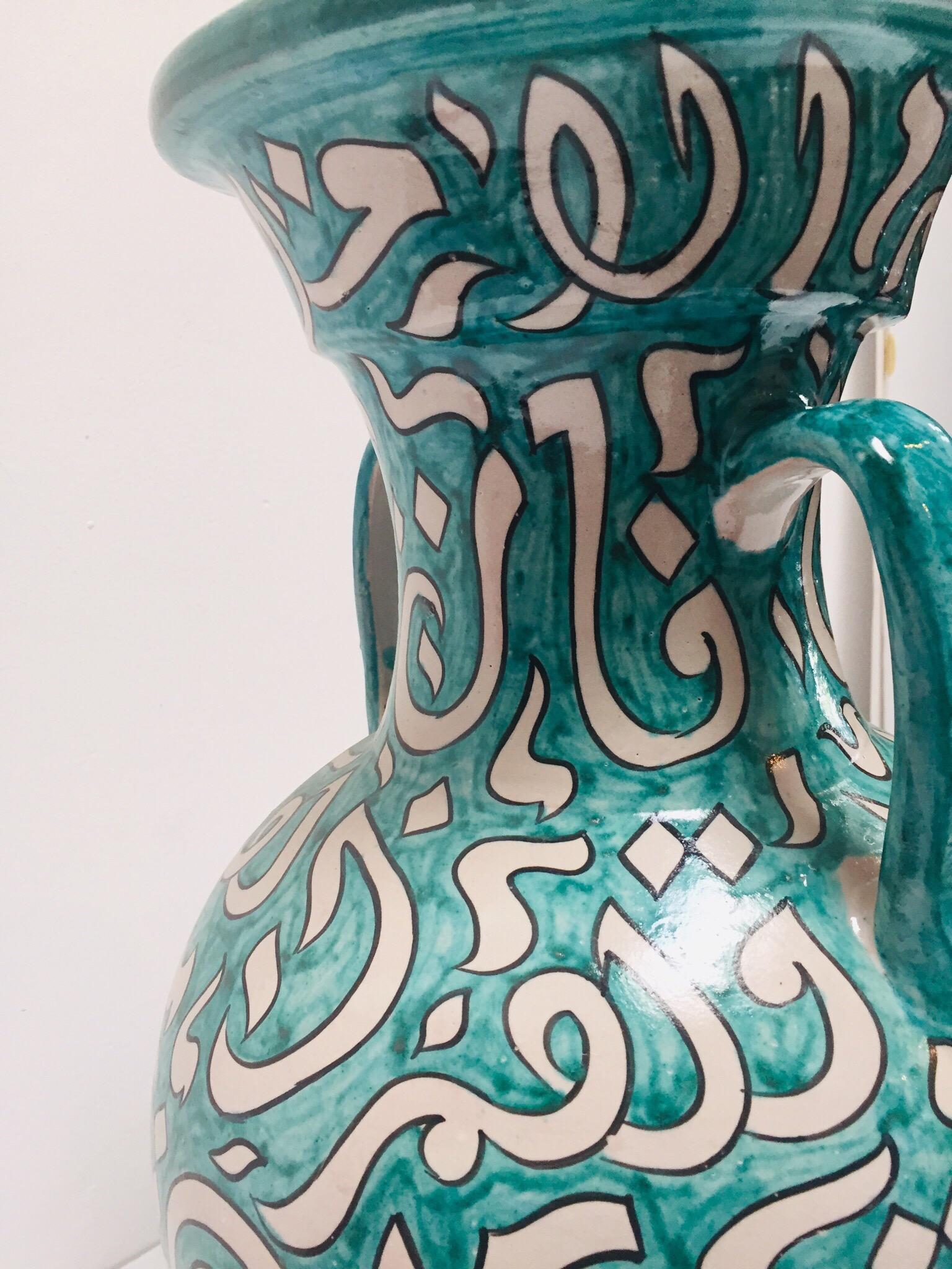 Large Moroccan Glazed Ceramic Vase with Arabic Calligraphy Turquoise Writing Fez For Sale 3