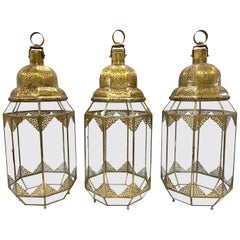 Large Moroccan Handcrafted Pierced Brass and Glass Lanterns Hurricanes Set of 3