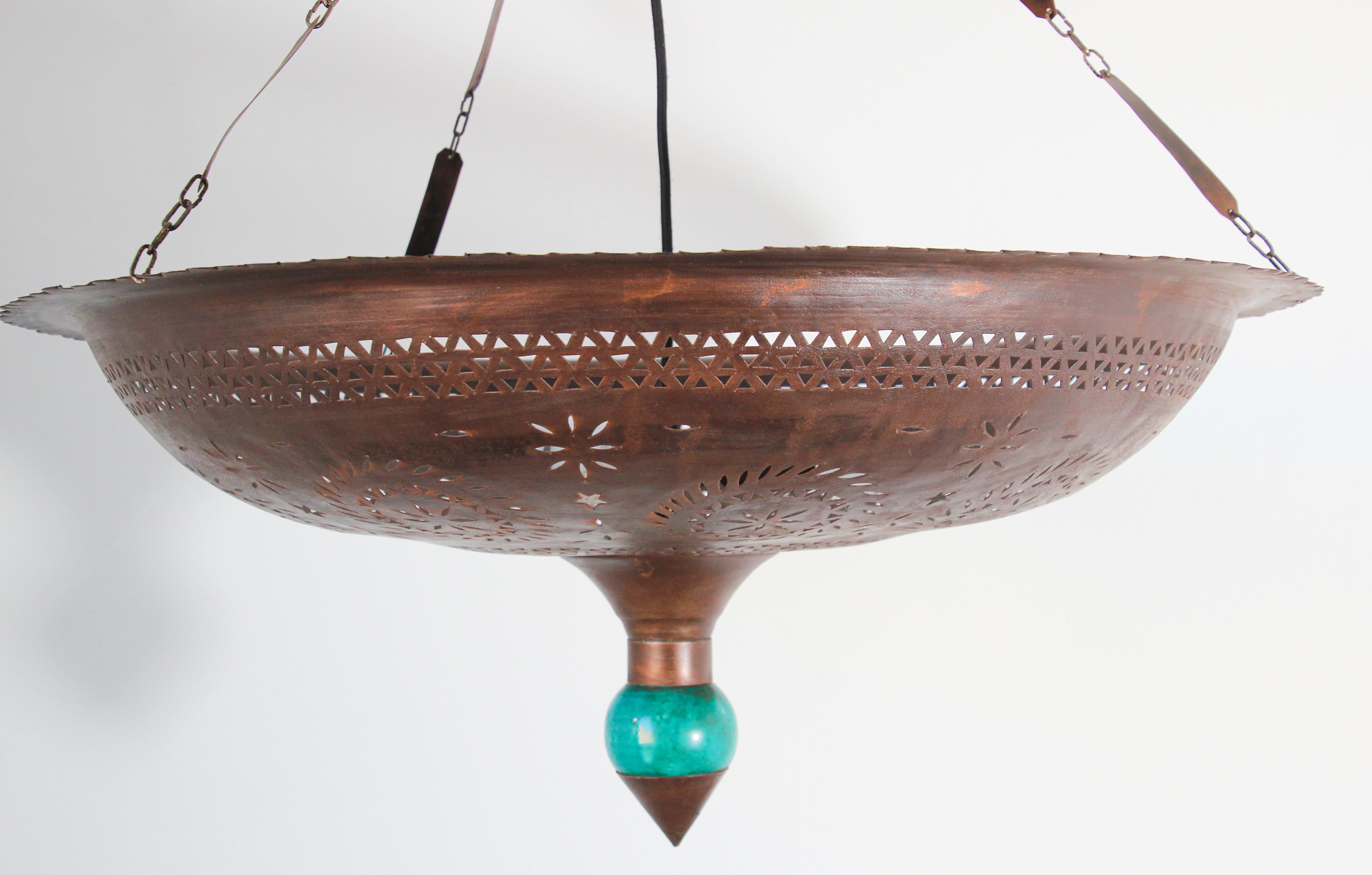 Large Moroccan Hanging Metal Ceiling Light with Turquoise Final 2