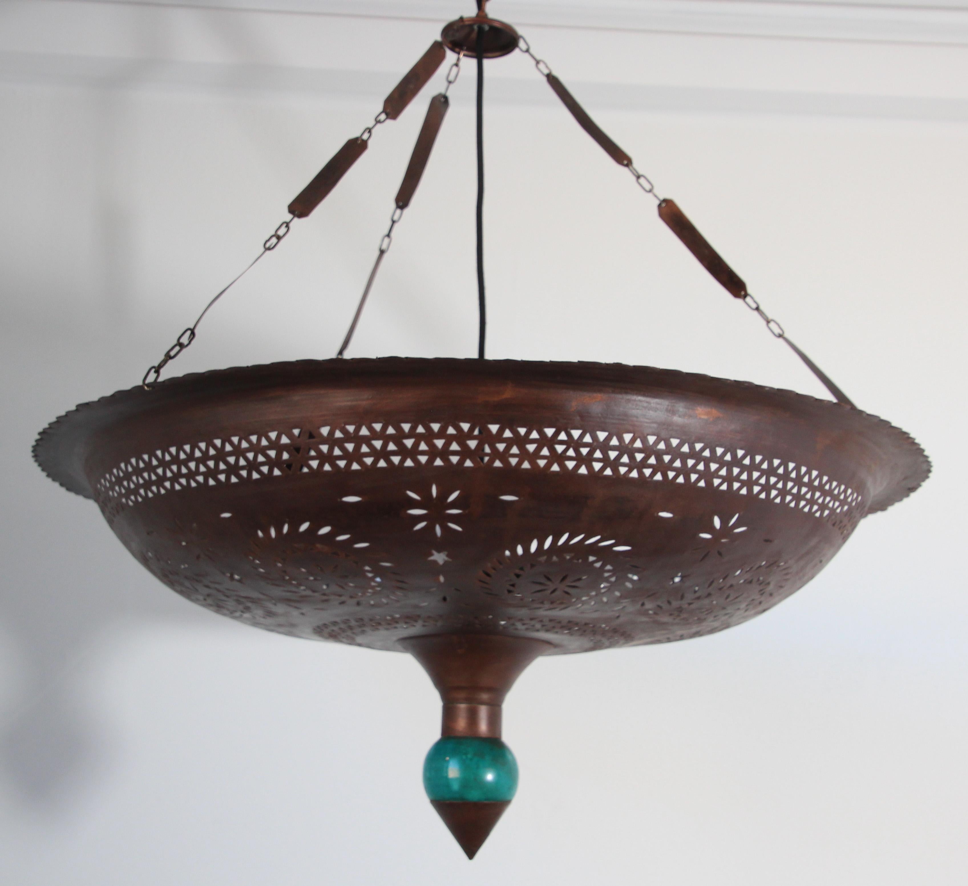 Large Moroccan Hanging Metal Ceiling Light with Turquoise Final 10