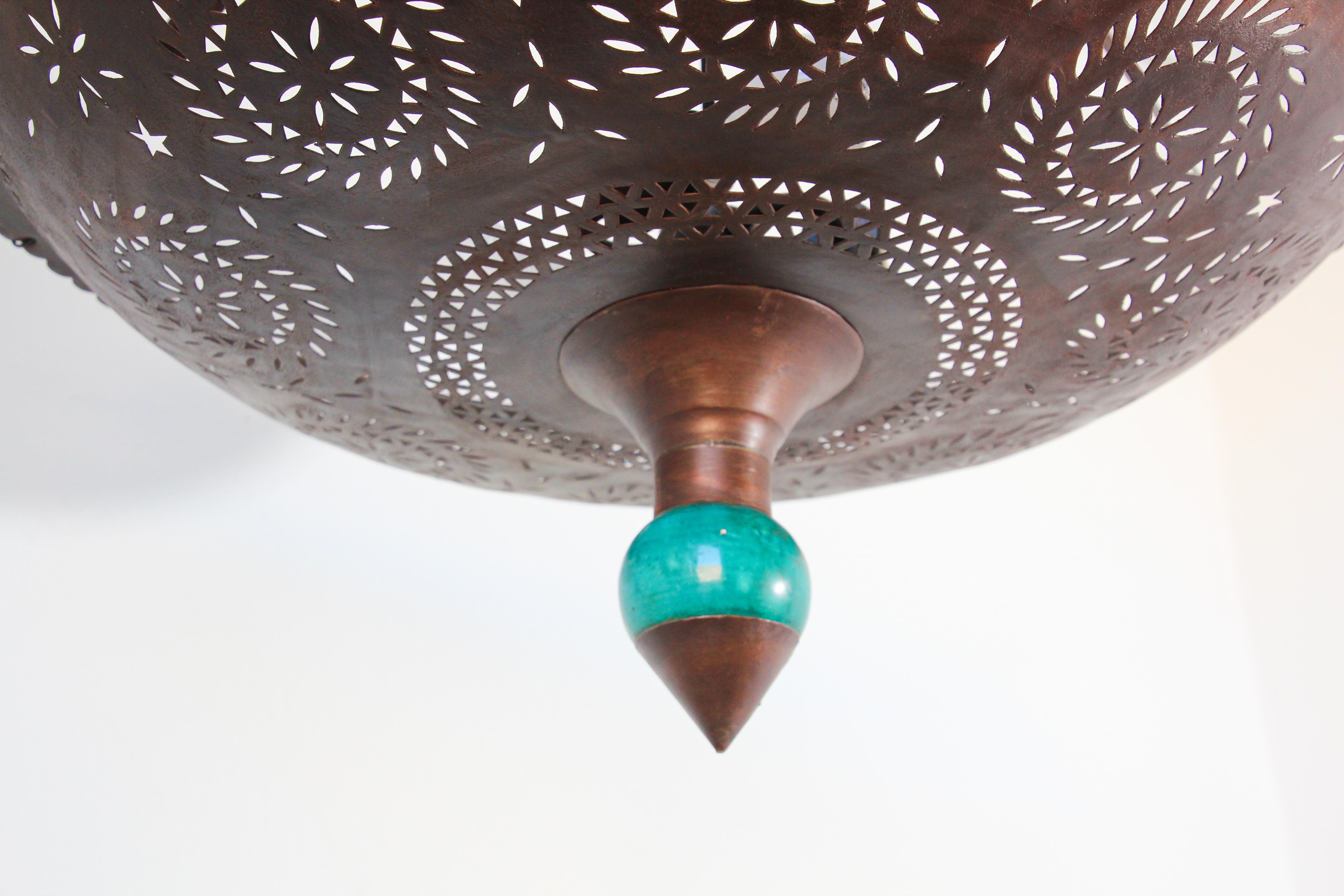 Hand-Crafted Large Moroccan Hanging Metal Ceiling Light with Turquoise Final