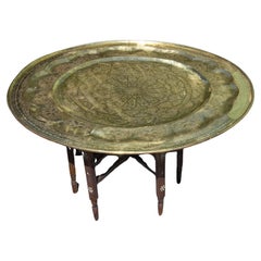 Large Moroccan or Damascus Brass Tray Coffee Table with Folding Stand Moorish