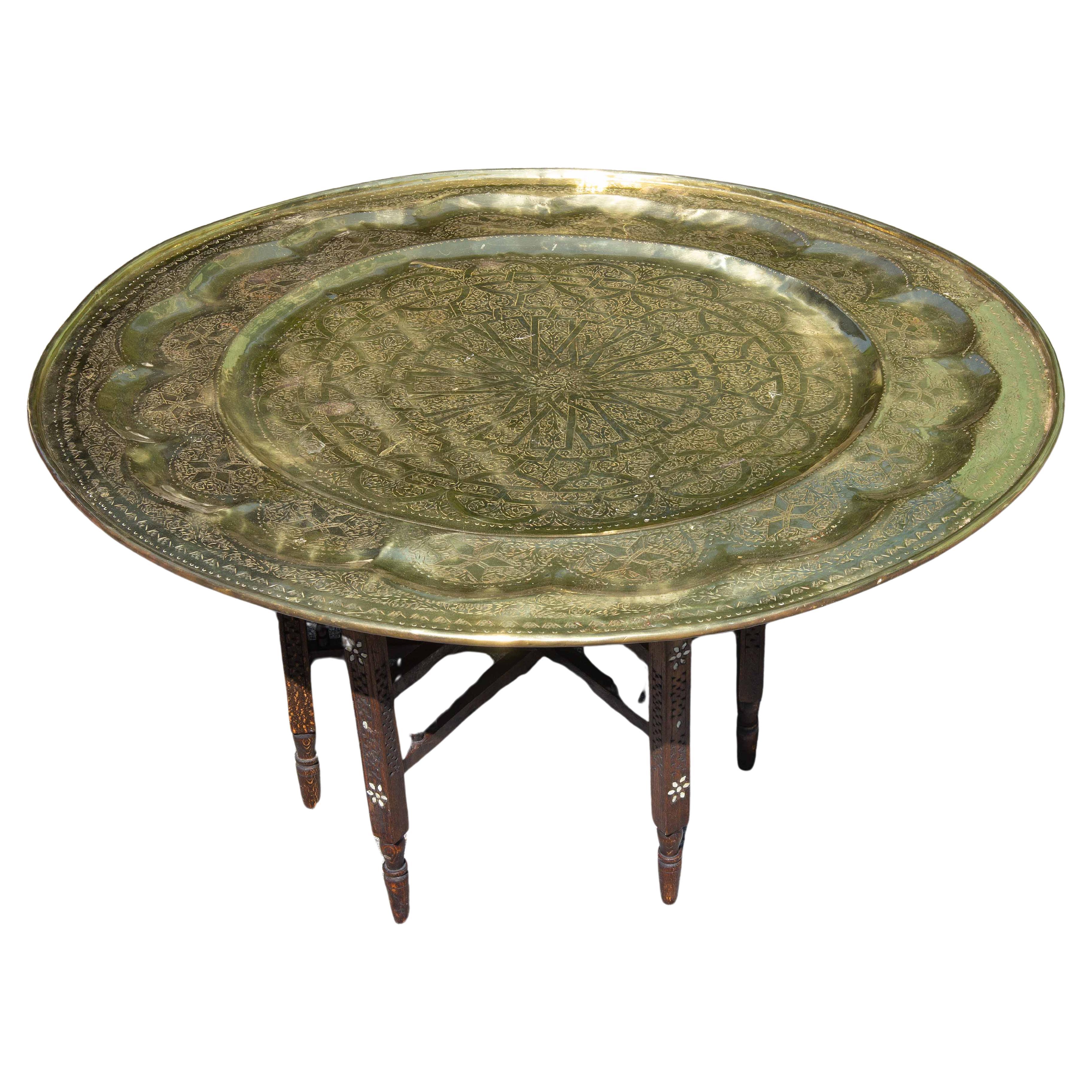Unknown Large Moroccan or Syrian Brass Tray Coffee Table with Folding Stand Moorish  For Sale