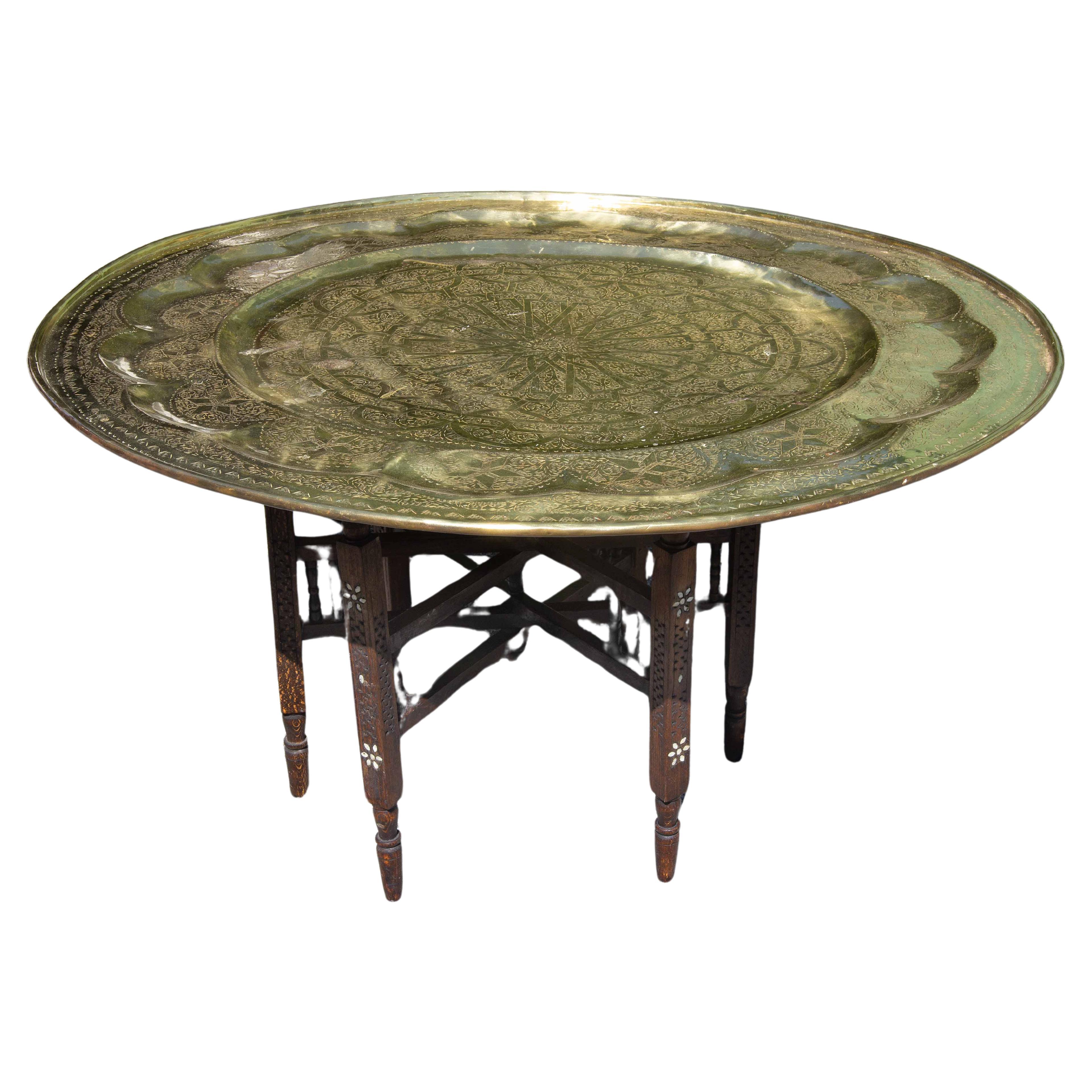 Large Moroccan or Syrian Brass Tray Coffee Table with Folding Stand Moorish  For Sale