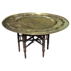 Retro Large Moroccan or Syrian Brass Tray Coffee Table with Folding Stand Moorish 