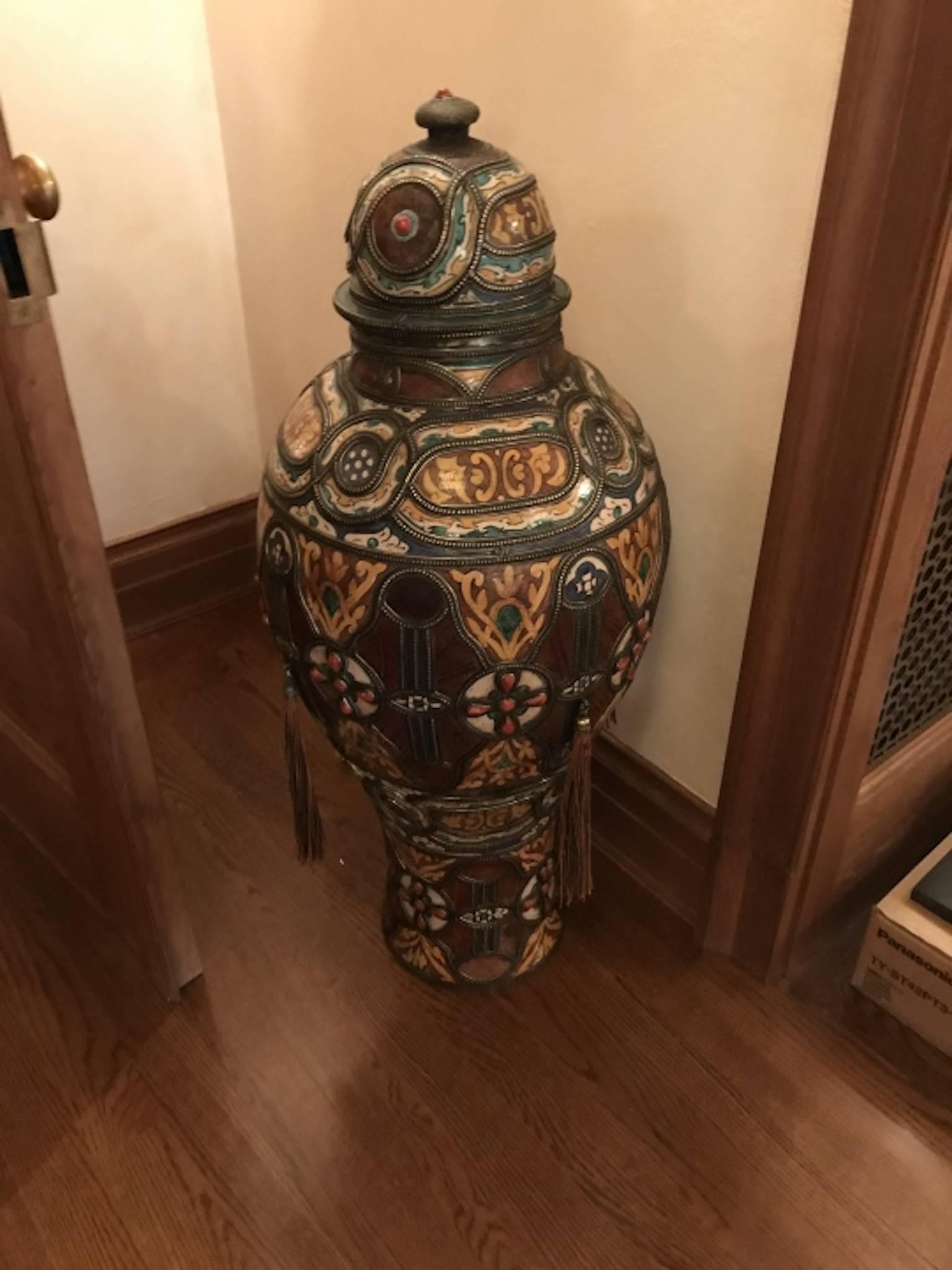 19th Century Large Moroccan Porcelain and Metal Palace Urn For Sale