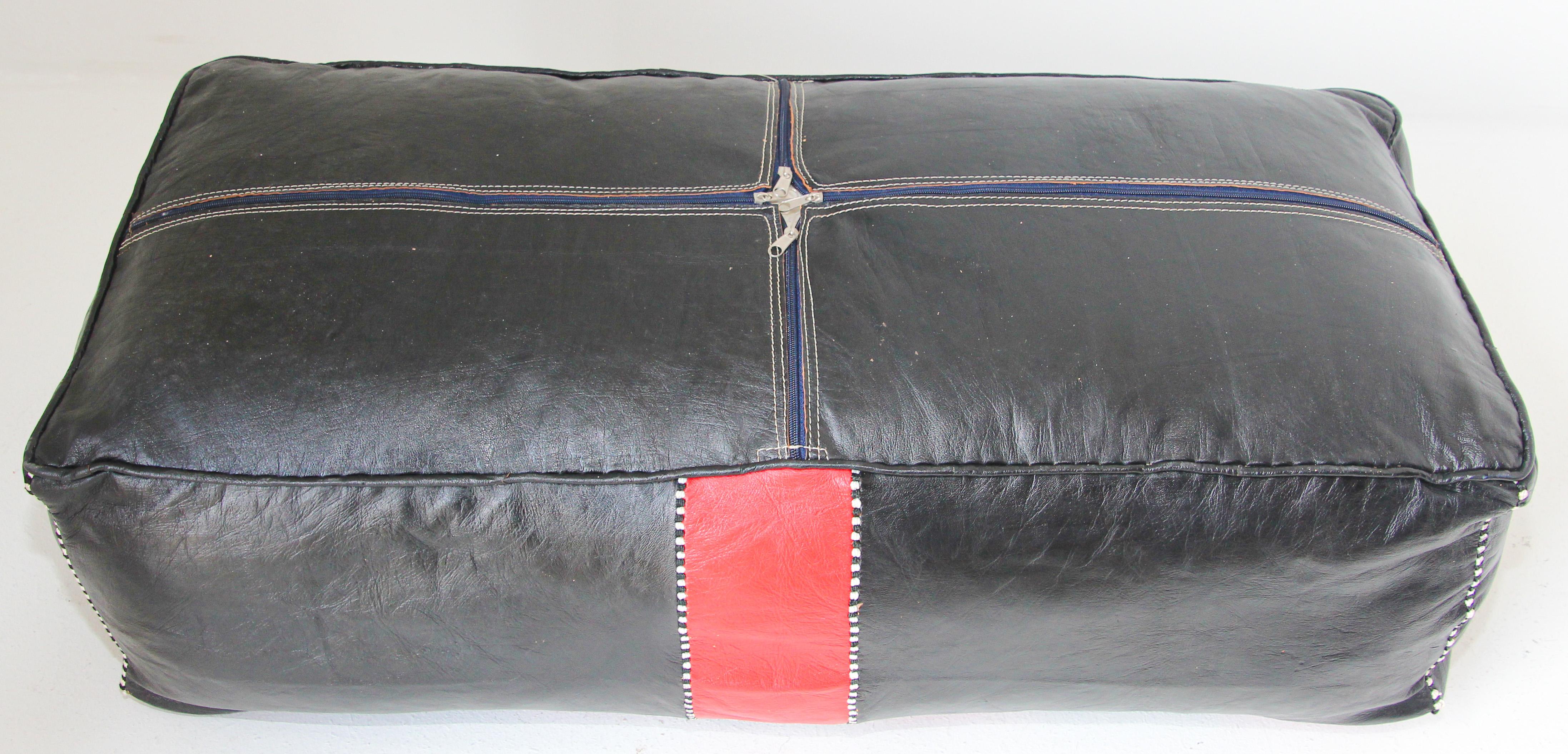 Vintage Moroccan Leather Rectangular Pouf in Red and Black For Sale 5