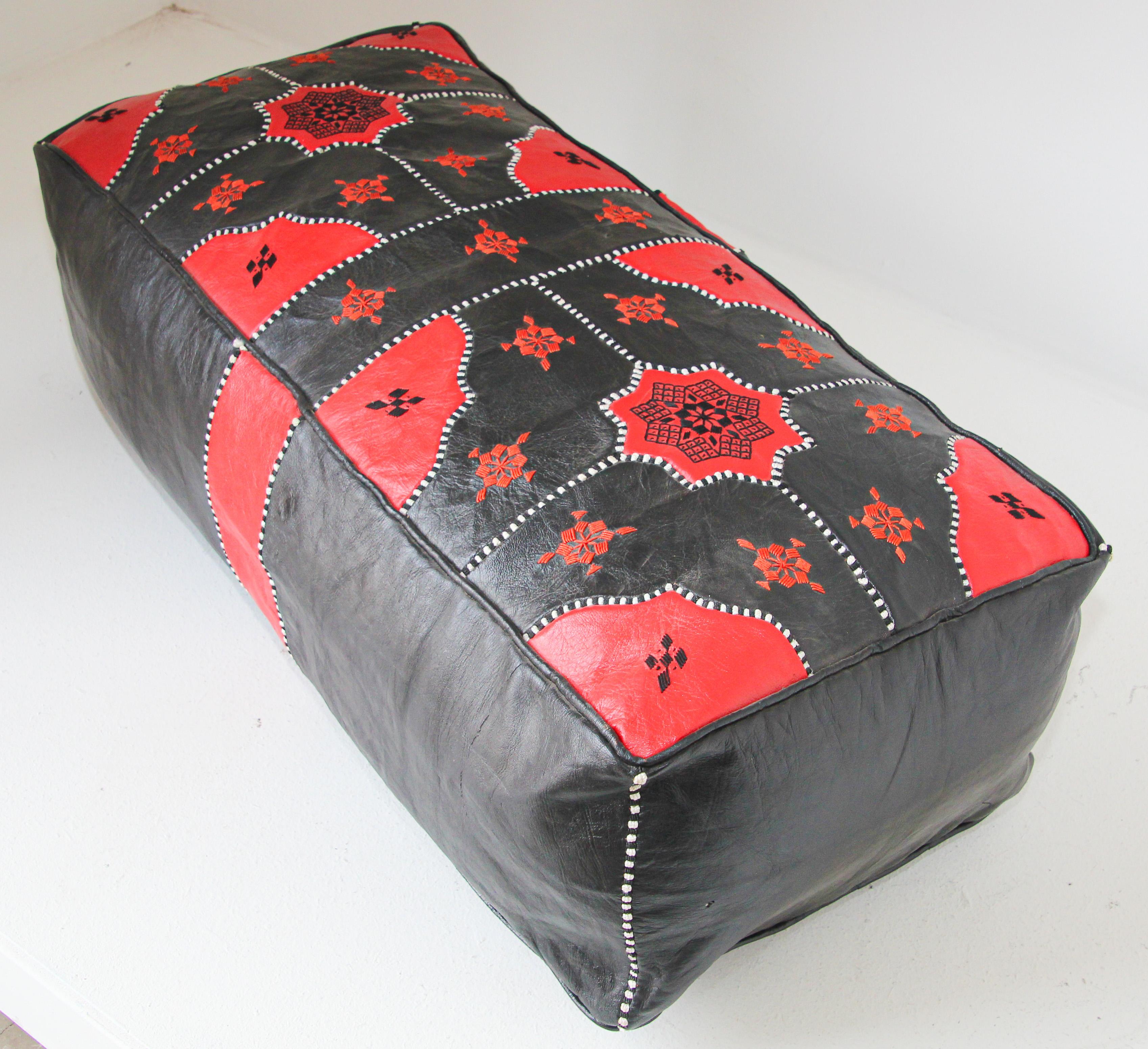 Vintage Moroccan Leather Rectangular Pouf in Red and Black For Sale 8