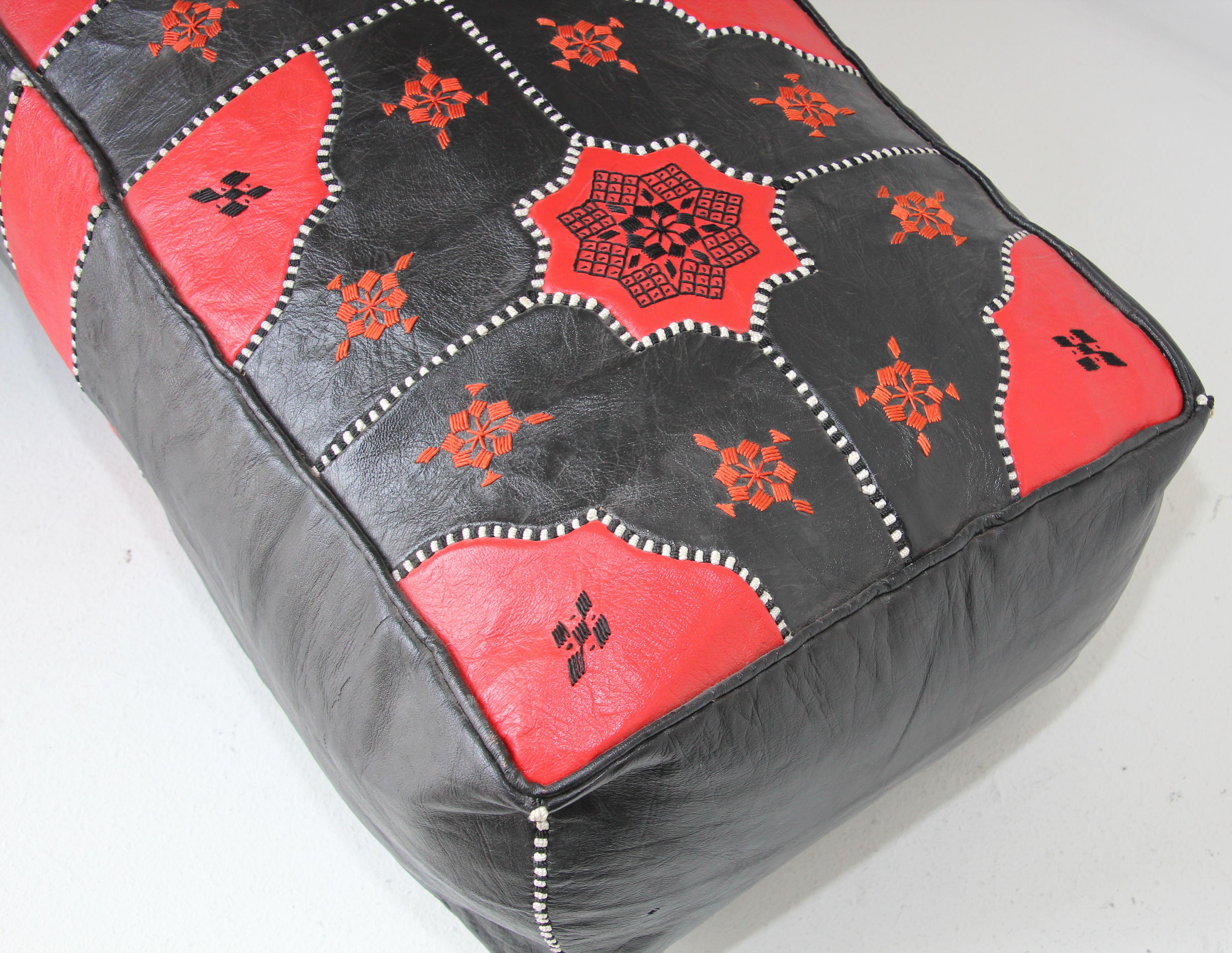 Vintage Moroccan Leather Rectangular Pouf in Red and Black For Sale 11
