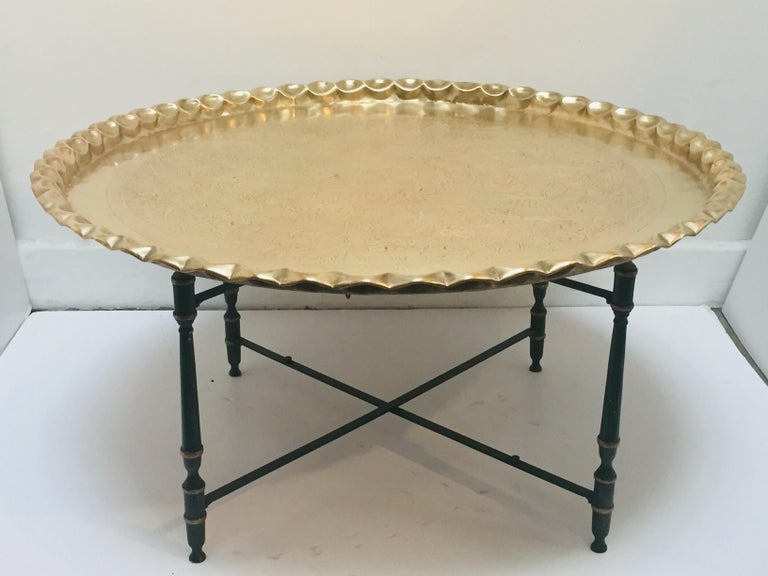 Large Moroccan Round Brass Tray Table on Folding Stand For Sale at 1stDibs