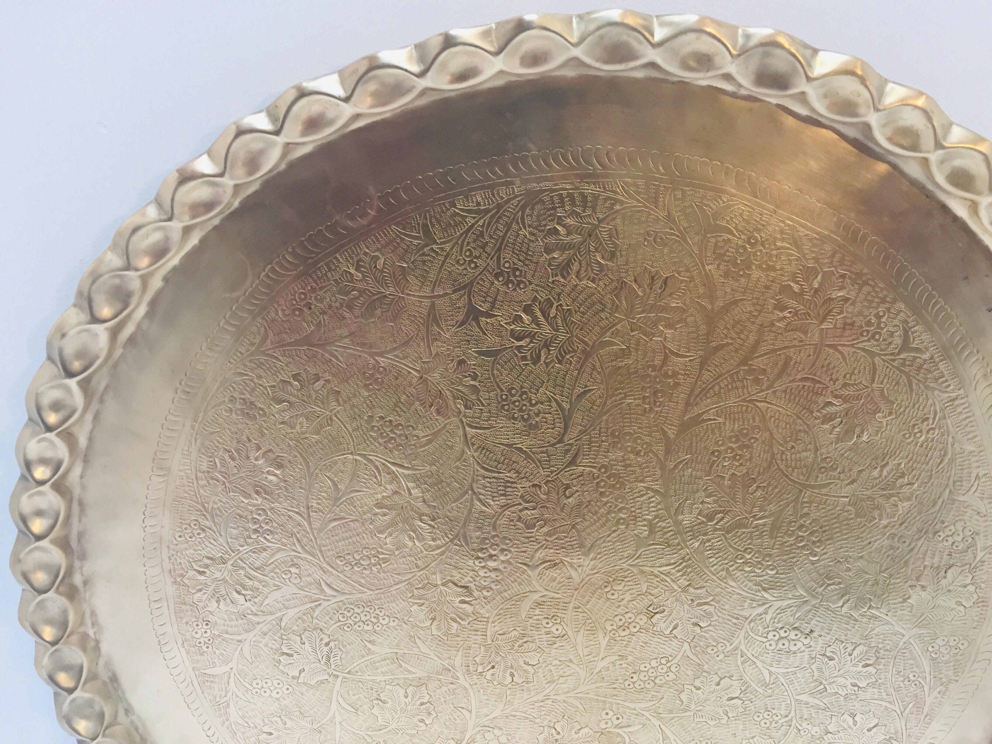 Polished Large Moroccan Round Brass Tray 