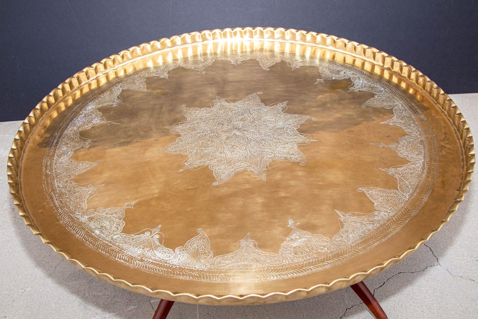 Large Moroccan Round Brass Tray Table on Folding Stand 2