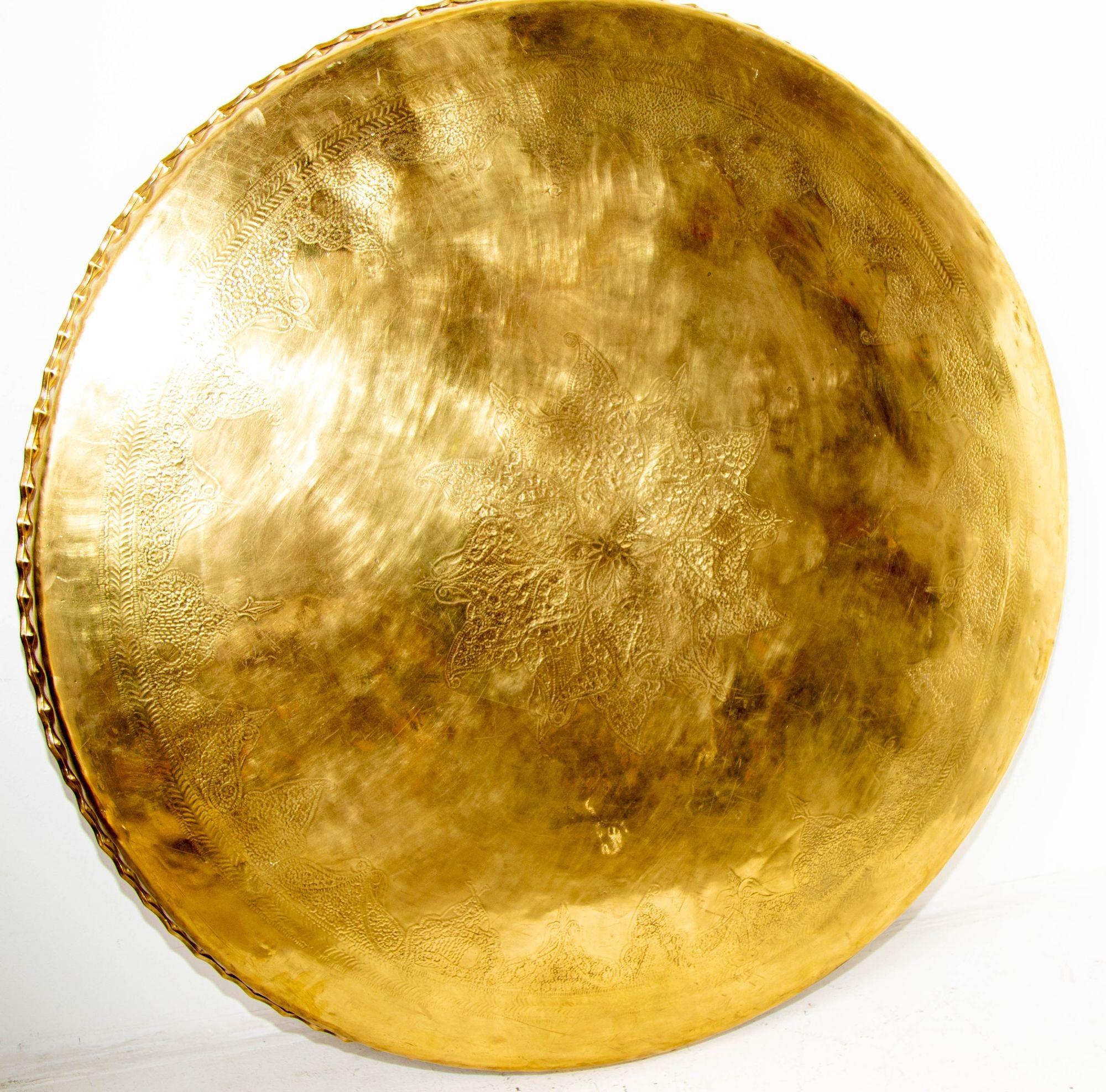 Large Moroccan Round Brass Tray Table on Folding Stand 6