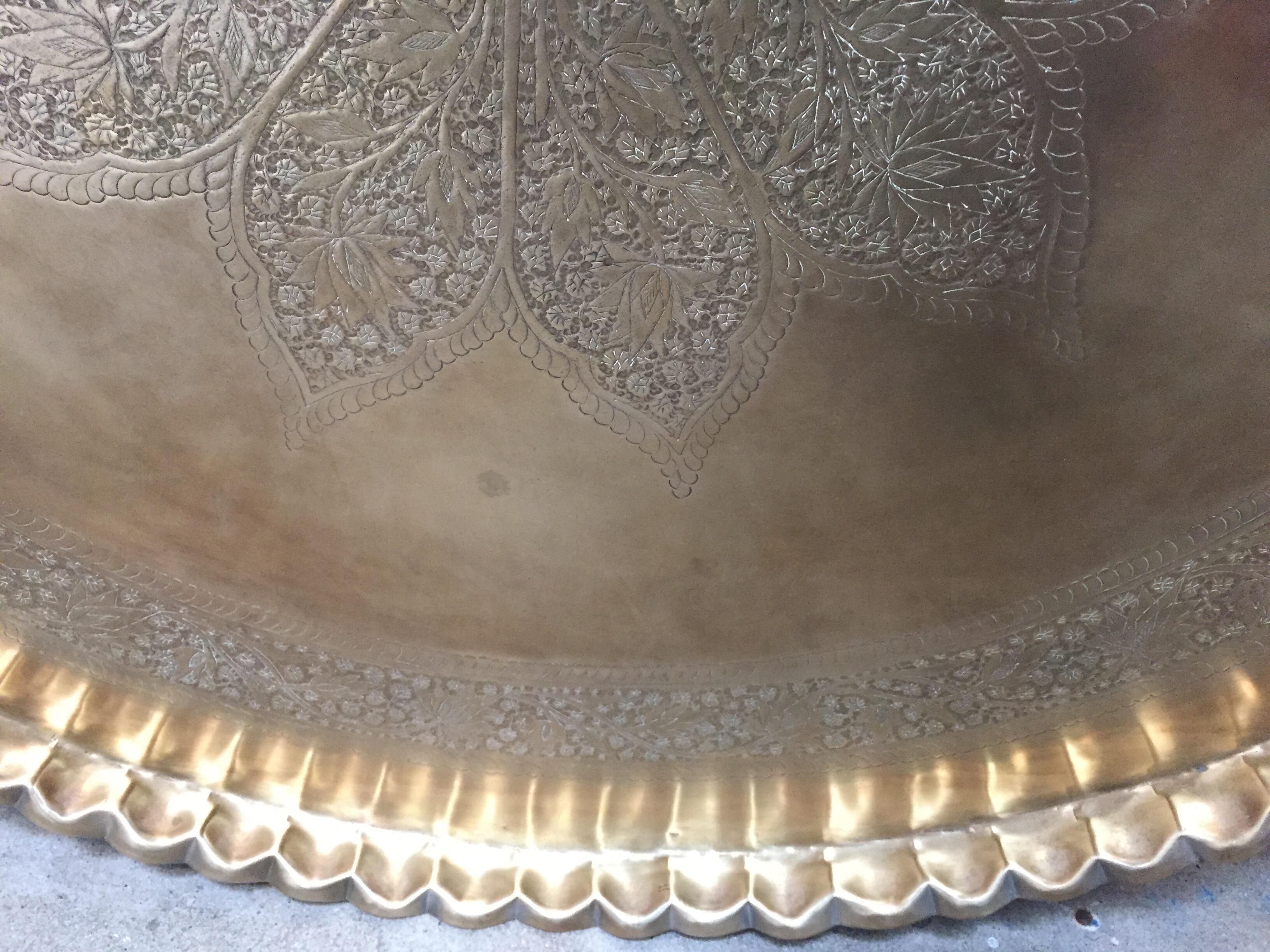 Large Moroccan Round Brass Tray Table on Iron Folding Stand 4