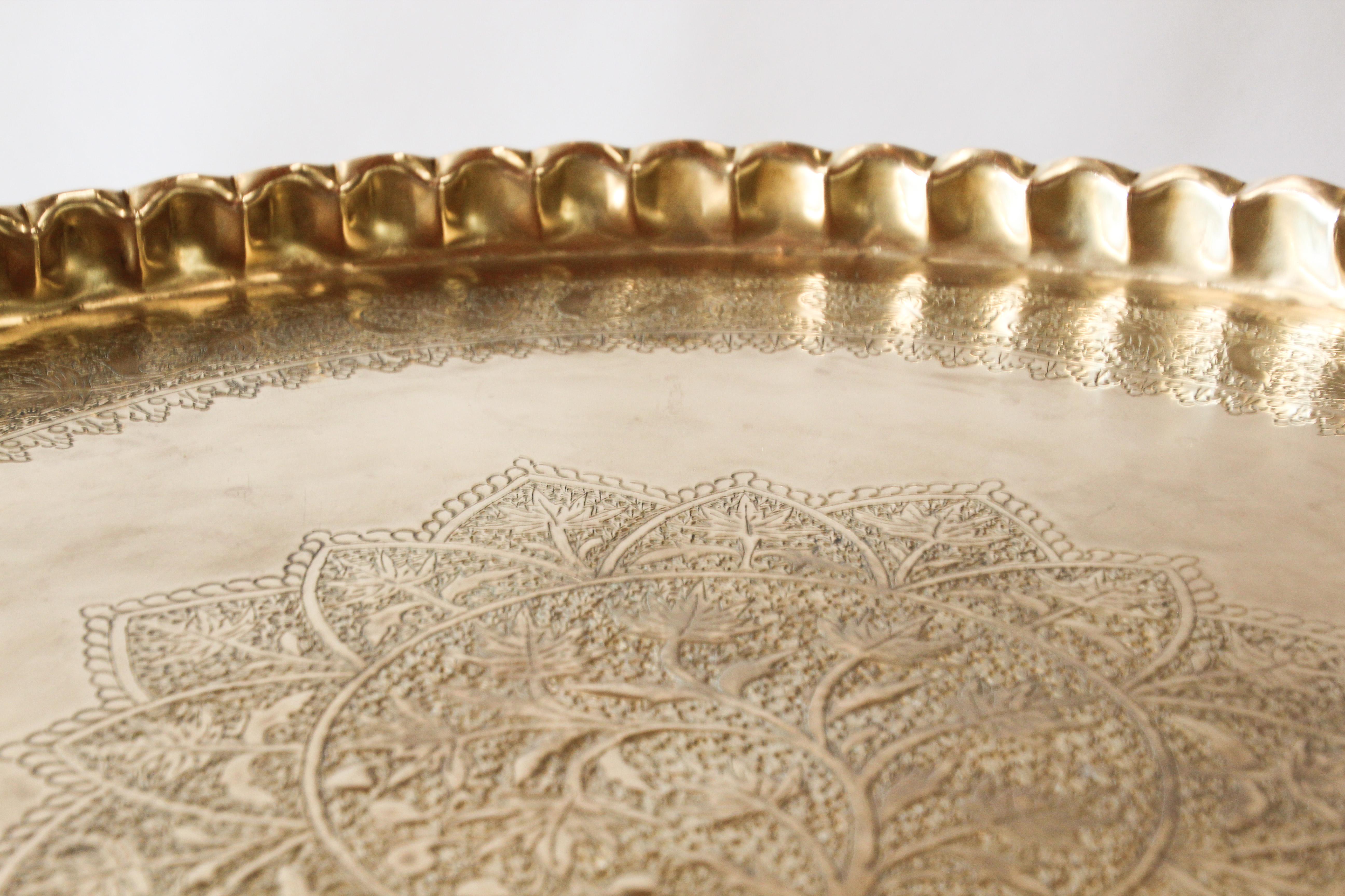 Hammered Large Moroccan Round Brass Tray Table on Folding Stand