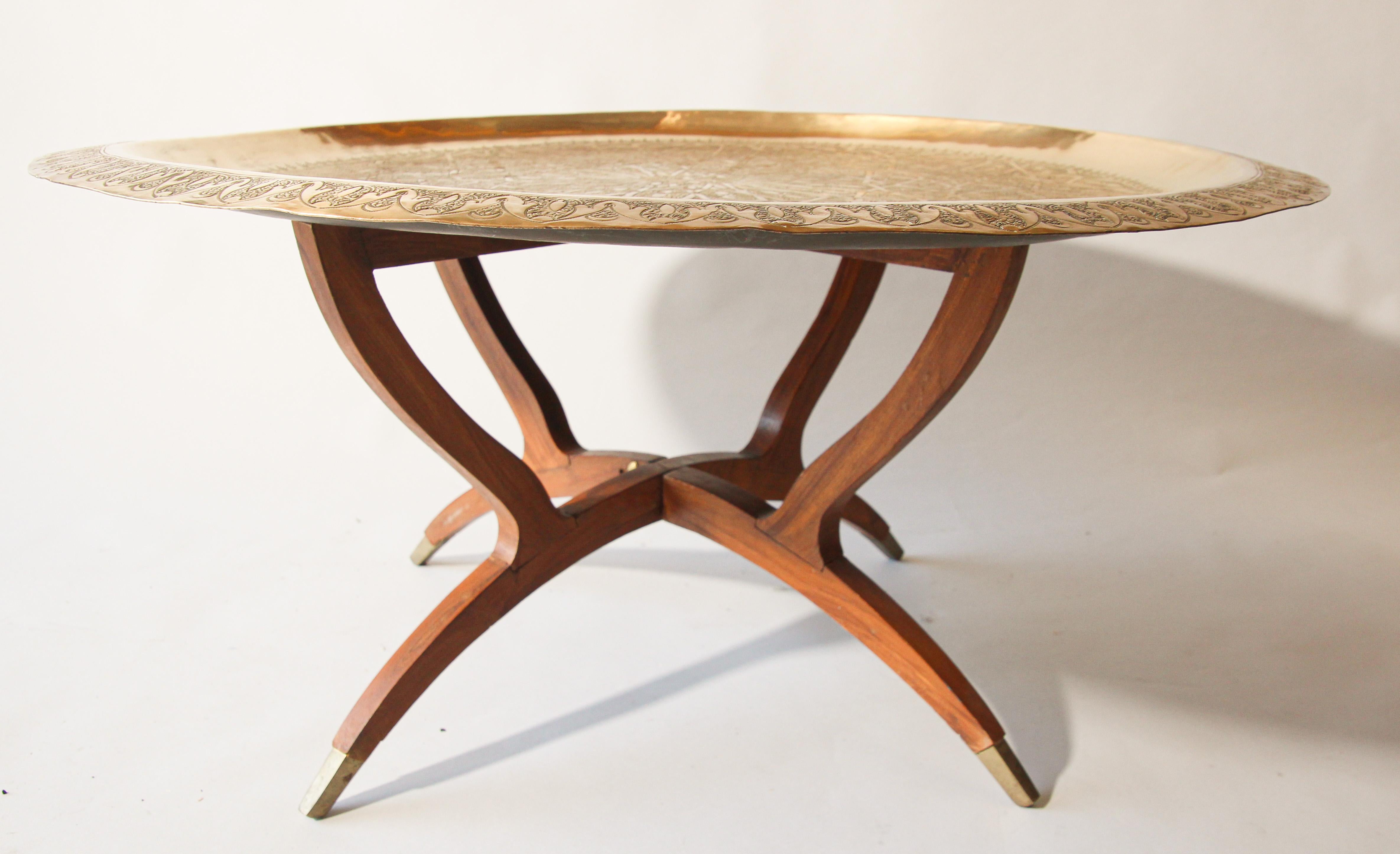 Mid-20th Century Large Moroccan Round Brass Tray Table on Folding Stand