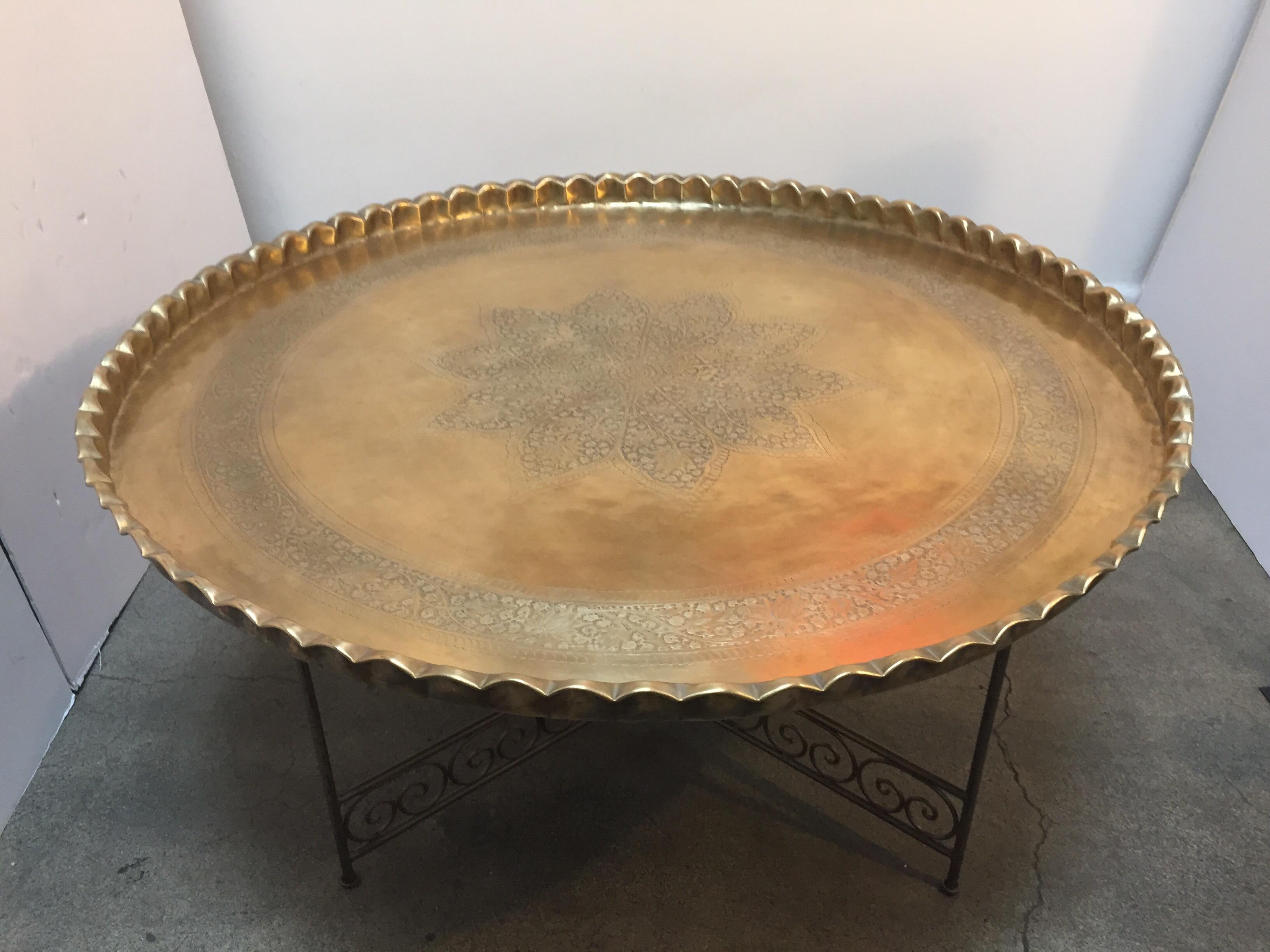 Large Moroccan Round Brass Tray Table on Iron Folding Stand 5