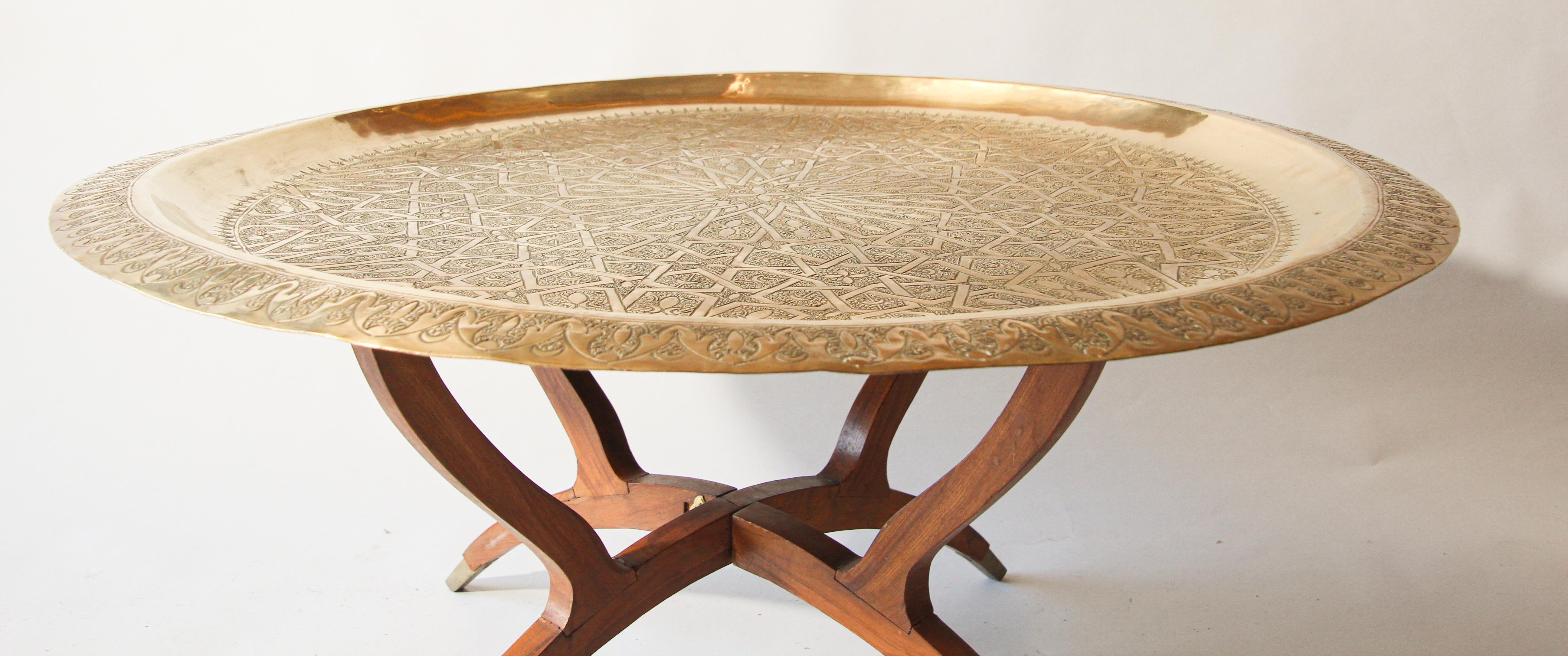 Large Moroccan Round Brass Tray Table on Folding Stand 1
