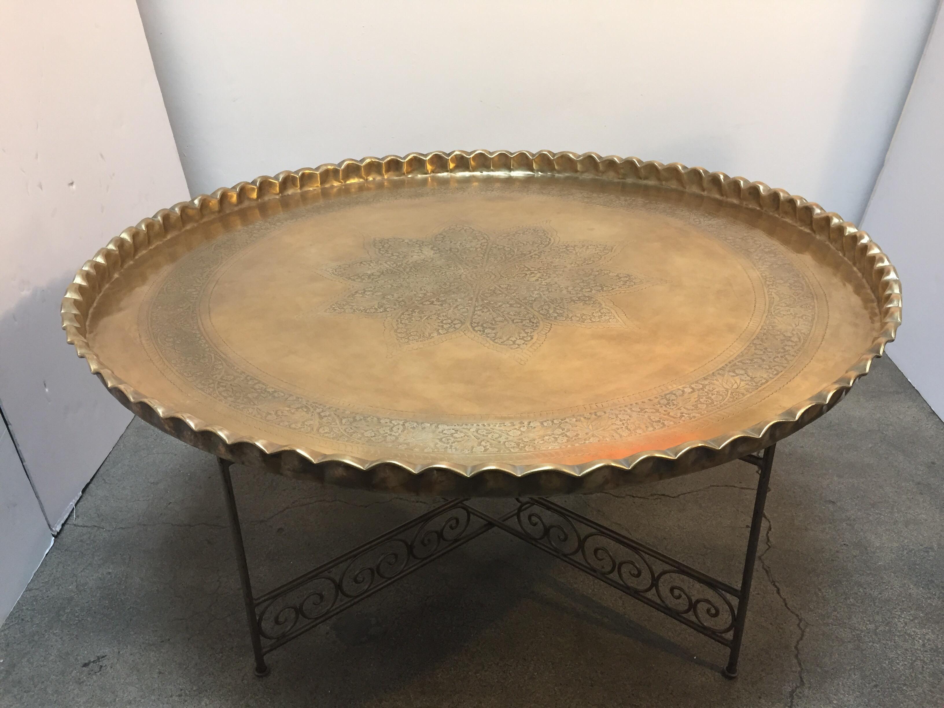 Large Moroccan Round Brass Tray Table on Iron Folding Stand 6