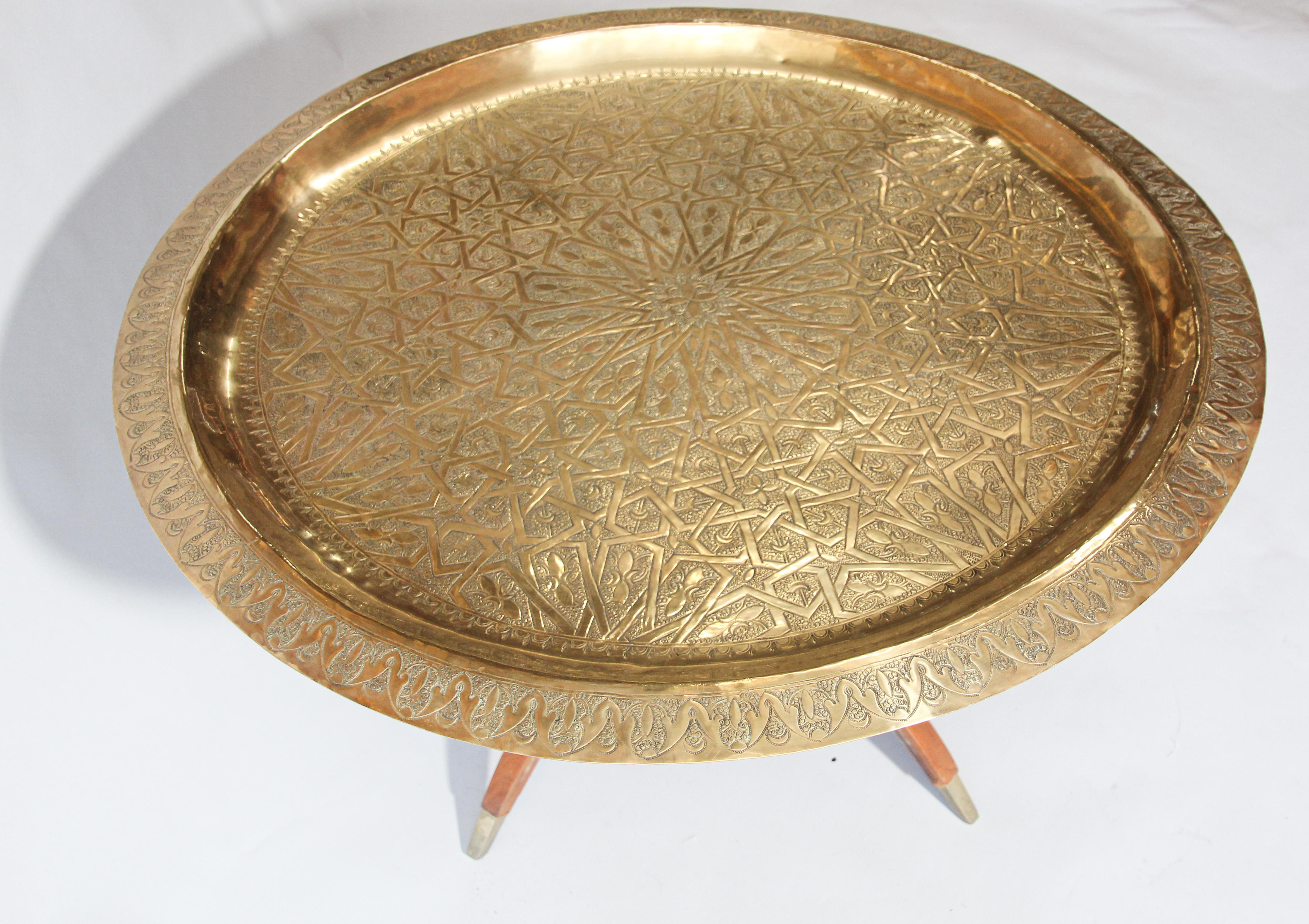 Large Moroccan Round Brass Tray Table on Folding Stand 2