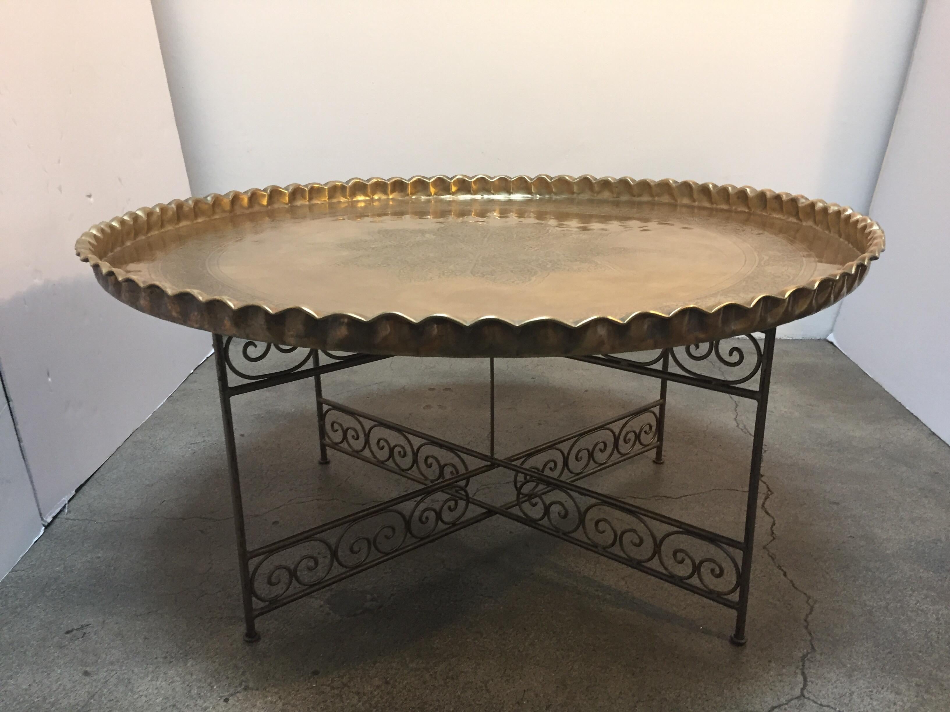 Large Moroccan Round Brass Tray Table on Iron Folding Stand 7