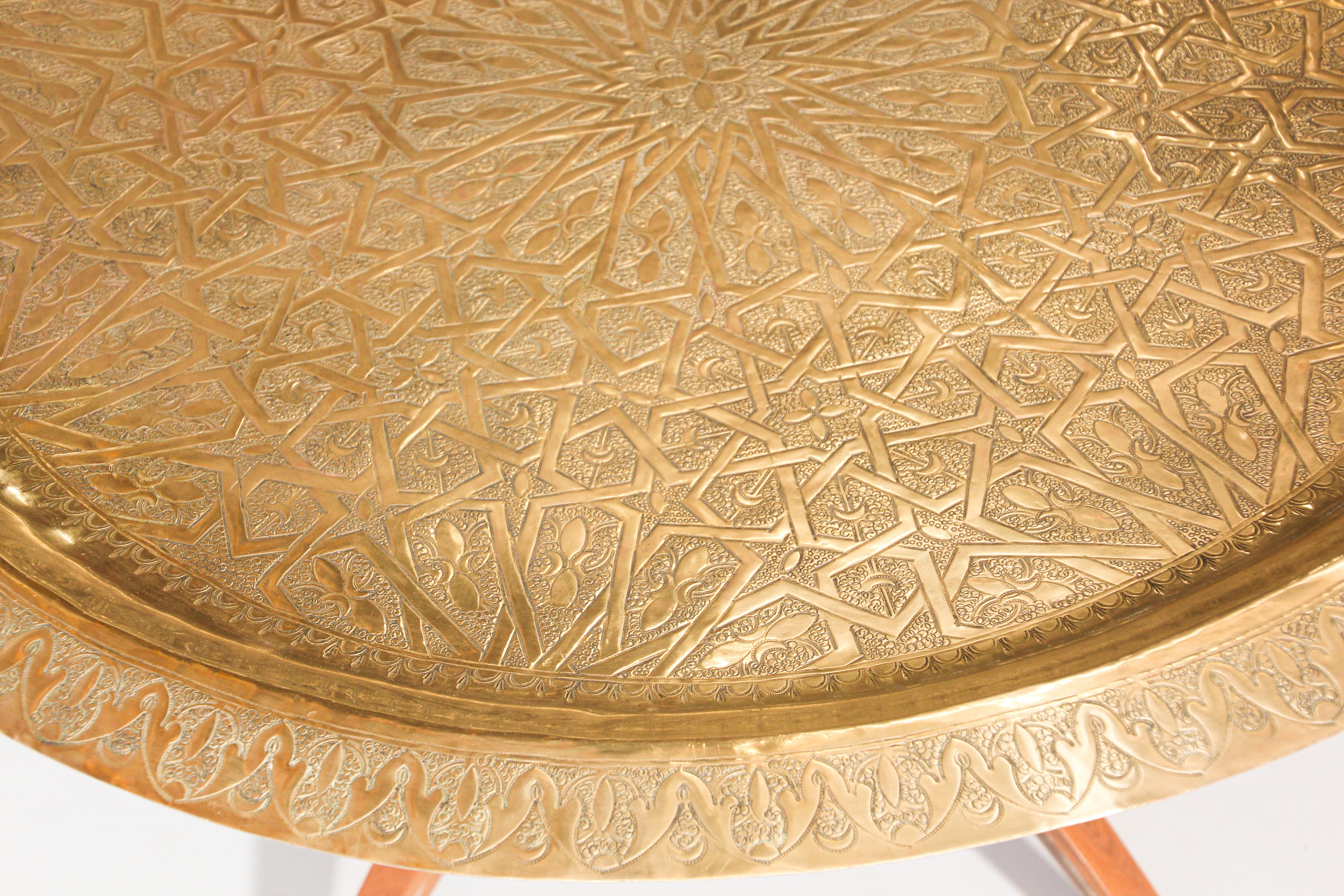 Large Moroccan Round Brass Tray Table on Folding Stand 3